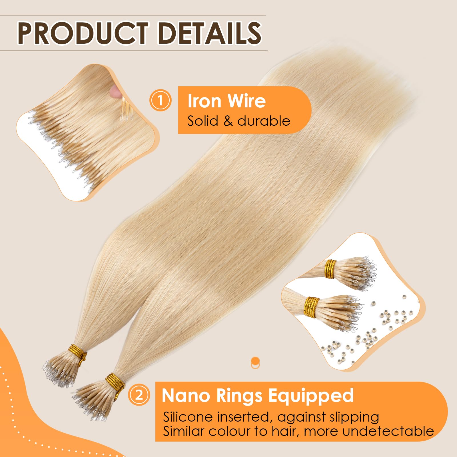 Elailite Hair Extensions Real Human Hair Nano Ring Nano Beads Cold Fusion 50 Strands 35g Straight (#613 Bleach Blonde, 22 Inch) - Image 3