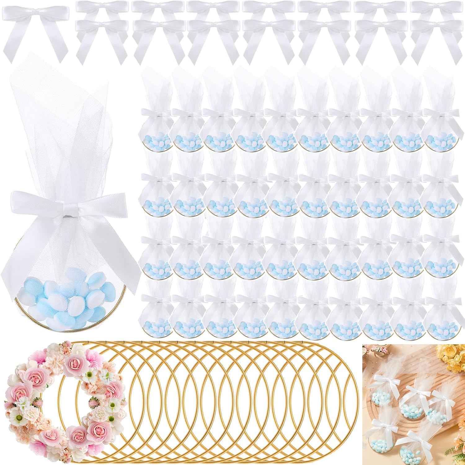 Shimeyao 100 Set Wedding Favors for Guests 3 Inch Metal Rings for Craft Wedding Favors Bags with Ribbon DIY Organza Candy Pouch for Guests Bridal Shower Baby Shower