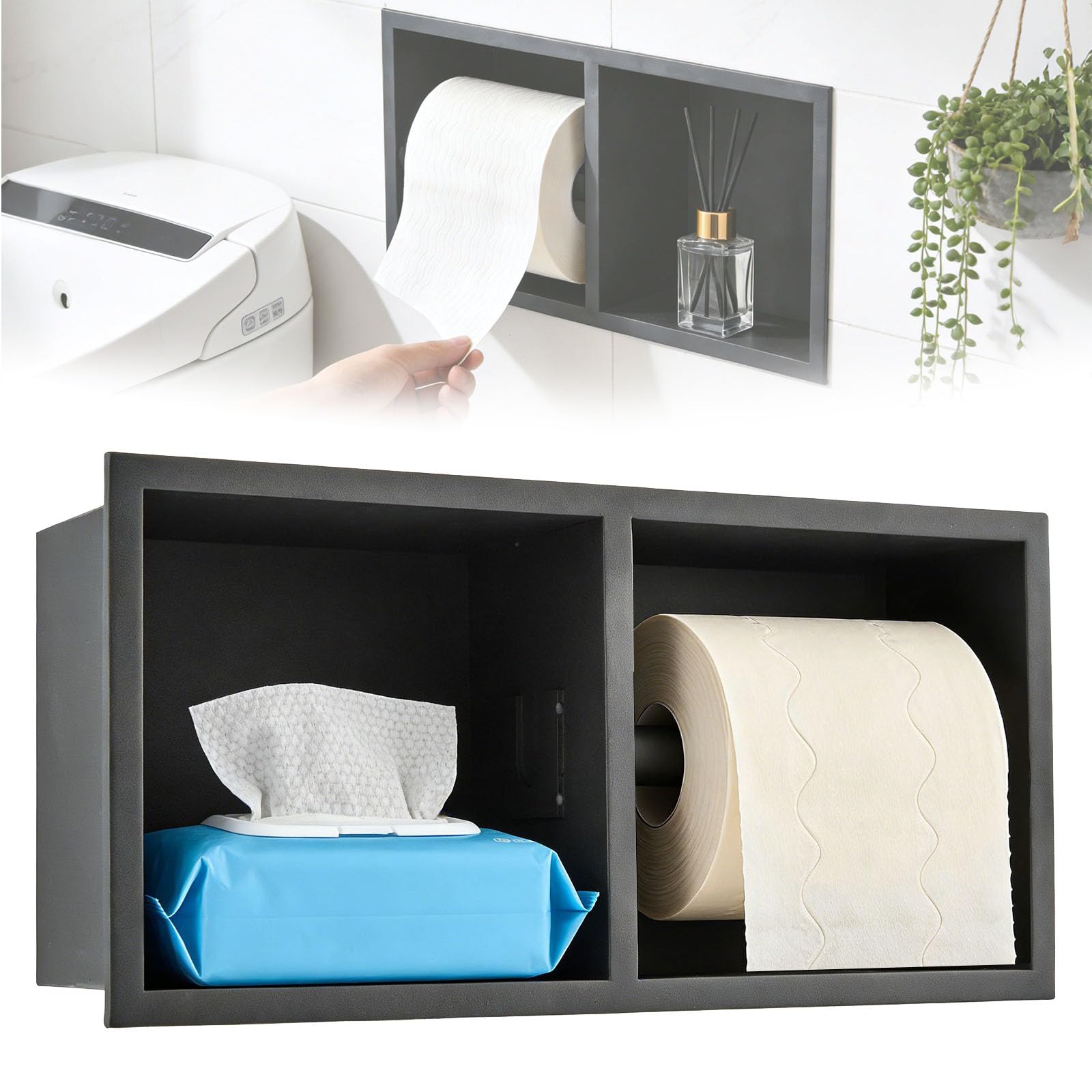 Portarrollos Papel Higiénico Empotrado, Acero Inoxidable 304 Portarrollos Grueso Mueble Baño Nicho Pared 31×15×10Cm con Borde Enrollado 1 Cm Estante Pared Papel Higiénico (Negro, A)