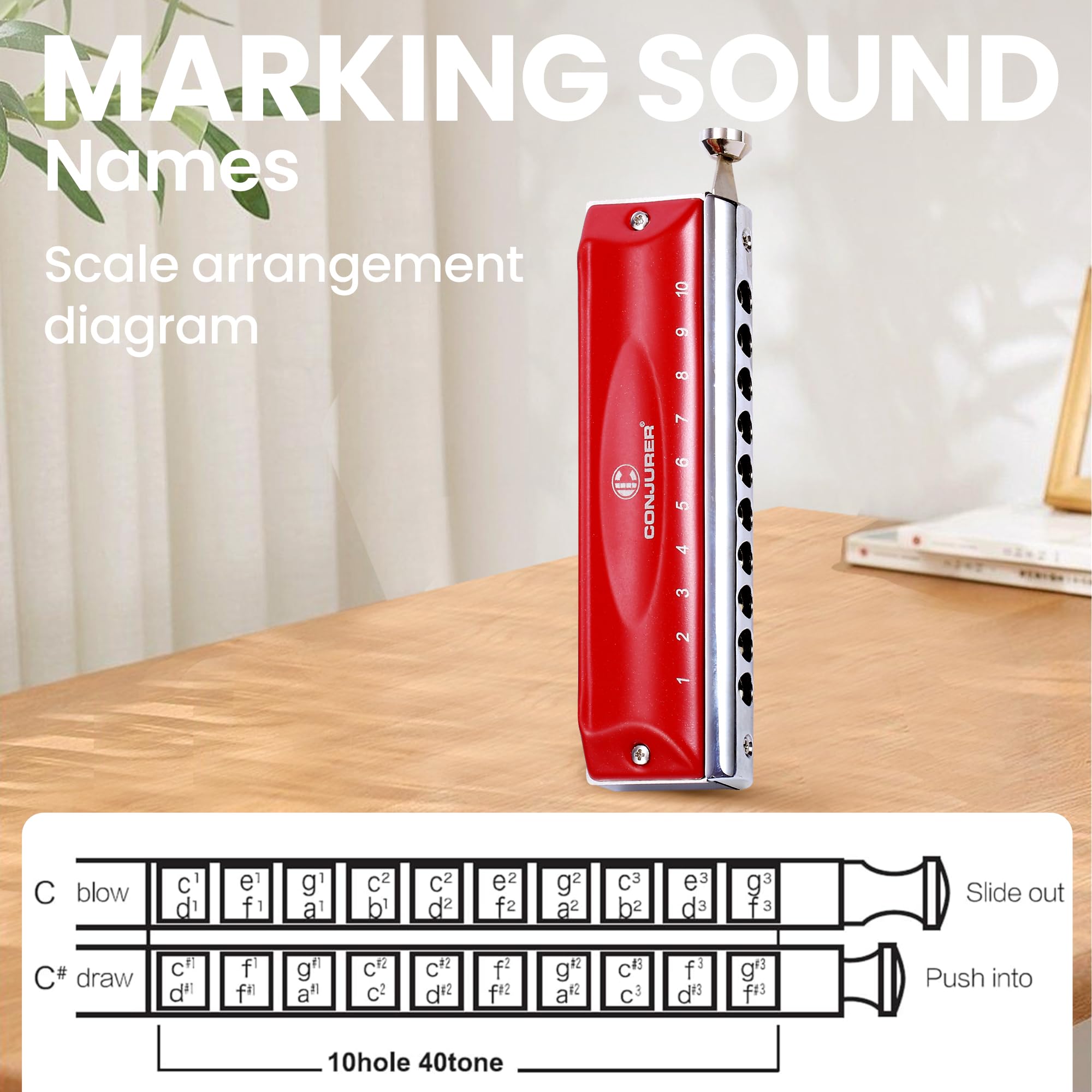 CONJURER harmonica chromatique 10 trous 40 tons Do, professionnel pour adultes, large gamme vocale, anche en bronze phosphoreux, bonne qualité sonore