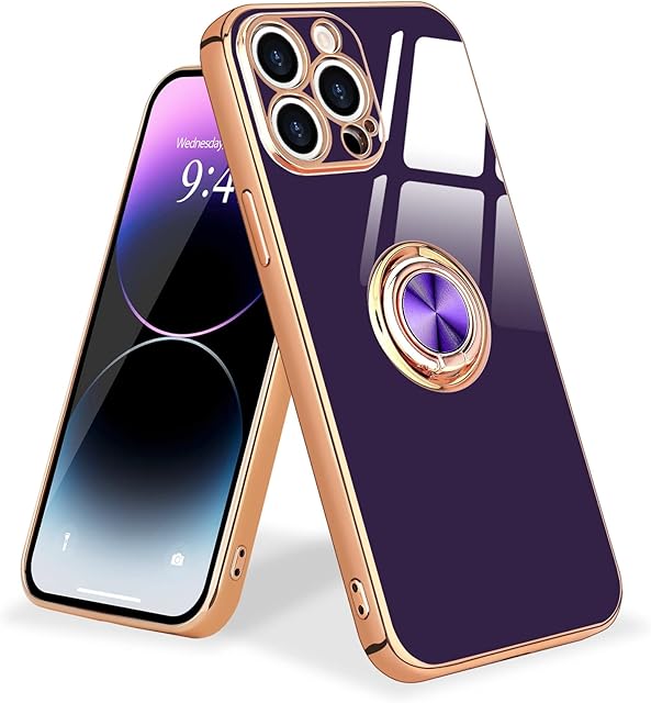 Urarssa for iPhone 14 Pro Max Case Ring Holder 360 Degree Rotation Finger Magnetic Car Stand Shockproof Phone Case Cover for iPhone 14 Pro Max, Dark Purple