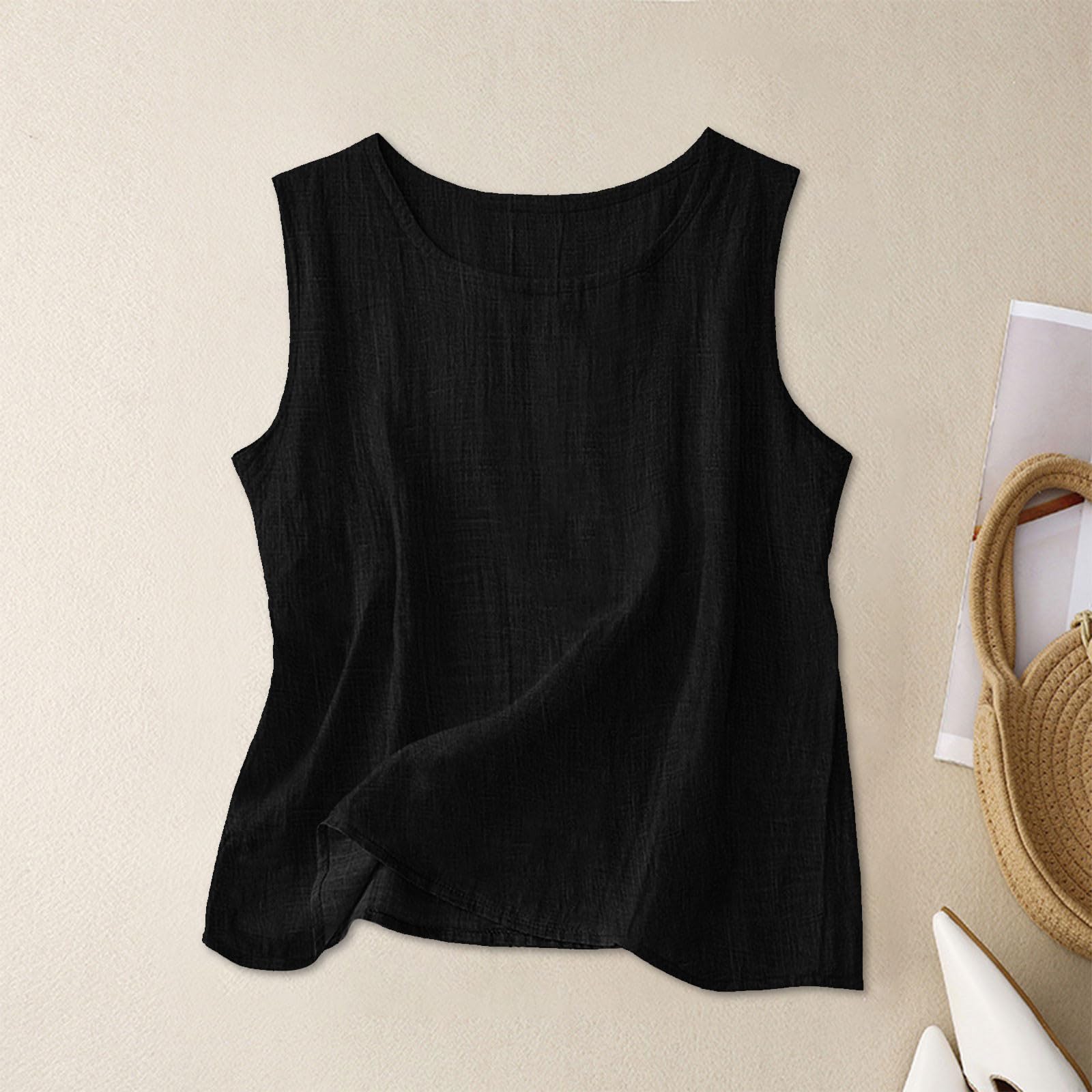 Linen Shirts for Women Linen Crewneck Tank Tops 2026 Spring Summer Beach Sleeveless Tops 2026 Fashion Vacation Shirts — view 3