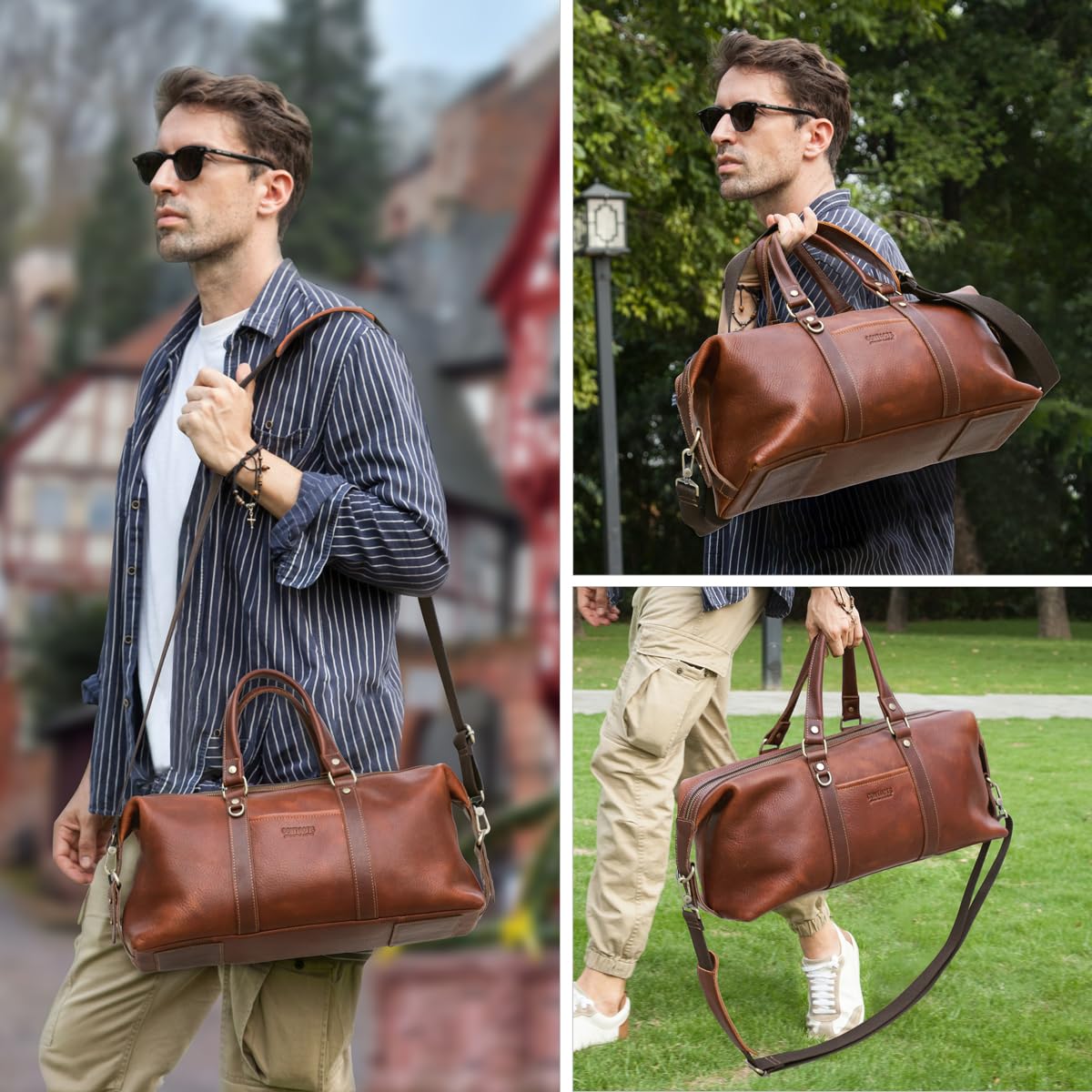 Contacts Bolsa de viaje de cuero para hombre, bolsa de viaje de cuero para fin de semana, bolsa de noche, bolsa grande para gimnasio, deportes, bolsa de transporte