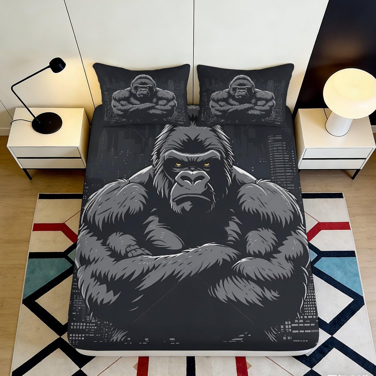 3D Printed Gorilla Black Fitted Sheet Microfiber Durable Soft 3D Printed Urban Mattress Cover for Bedroom Dormitory Guest Room Protection 160x200x25cm