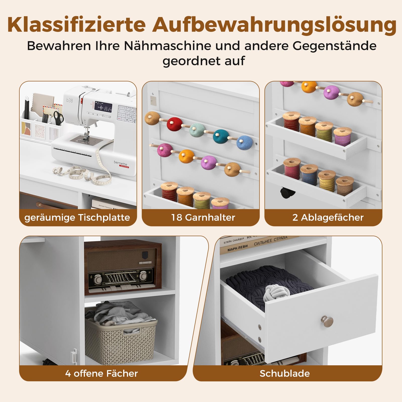 COSTWAY 2 in 1 Nähschrank Schreibtisch klappbar, Nähmaschinentisch mit Ablageflächen, Schubladen, Ablagen & Klammern, Nähmaschinenschrank mit 6 feststellbaren Rollen, Weiß