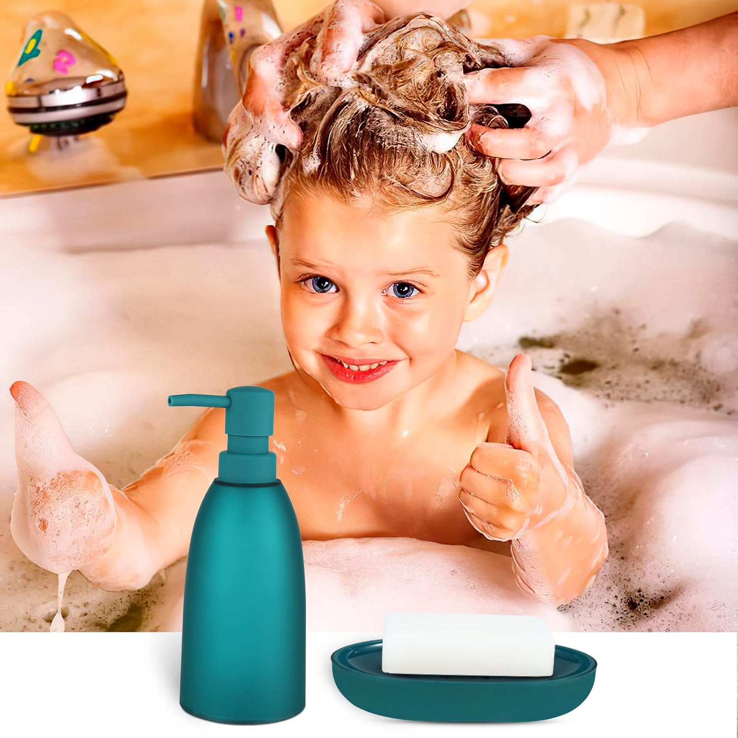 iMucci 8Pcs Blue Bathroom Accessories Set - with Trash Can Toothbrush Holder Soap Dispenser Soap and Lotion Set Tumbler Cup