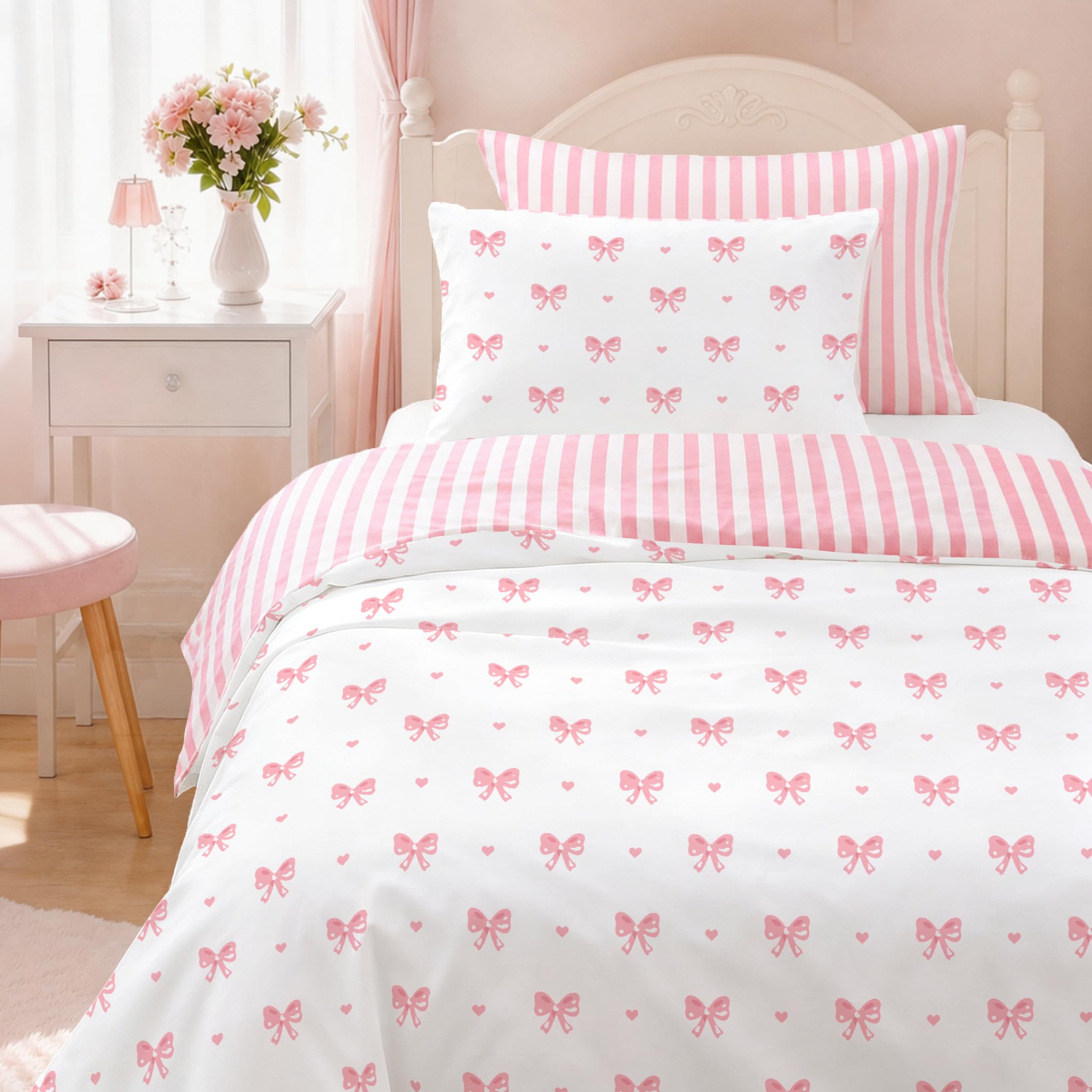 Sedefen Bow Duvet Cover Full Size Pink Heart Striped Bedding Set Cute Love Heart Printed On White Comforter Cover with Zipper Closure Soft Breathable Microfiber for Kids Girls-image-3