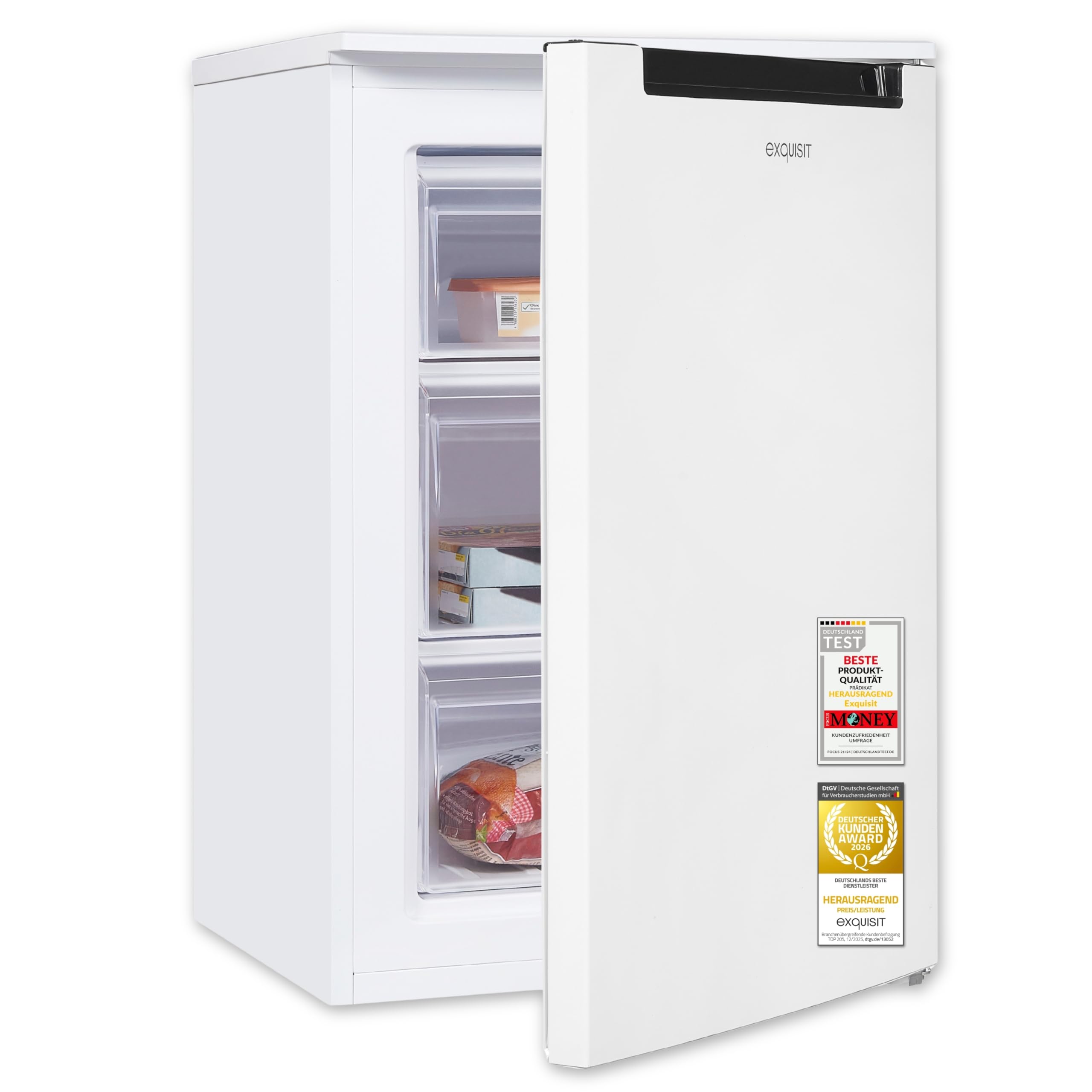 Exquisit Gefrierschrank | 87 l Nutzinhalt, 85,5 cm Höhe, Energieklasse C, 40 dB(A) | 4-Sterne-Gefrieren, manuelle Temperaturregelung, manuelles Abtauen, wechselbarer Türanschlag | GS581-040Cweiss
