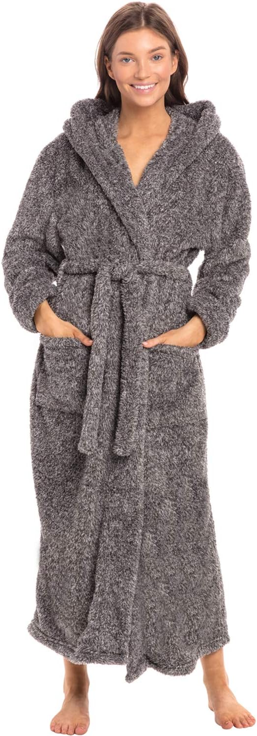 Alexander Del Rossa Womens Robe, Plush Fleece Hooded Bathrobe with Two Large Front Pockets and Tie Closure, Two Tone Steel, Small-Medium