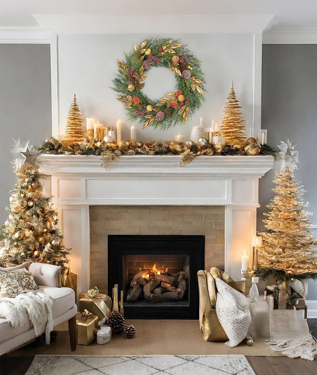 Türkranz 60 cm Kranz Zypresse Künstlich Türkranz Tischkranz mit Beeren Tannenzapfen Früchte zum Aufhängen Ganzjährige Dekoration Weihnachtsdeko für Zuhause Wand
