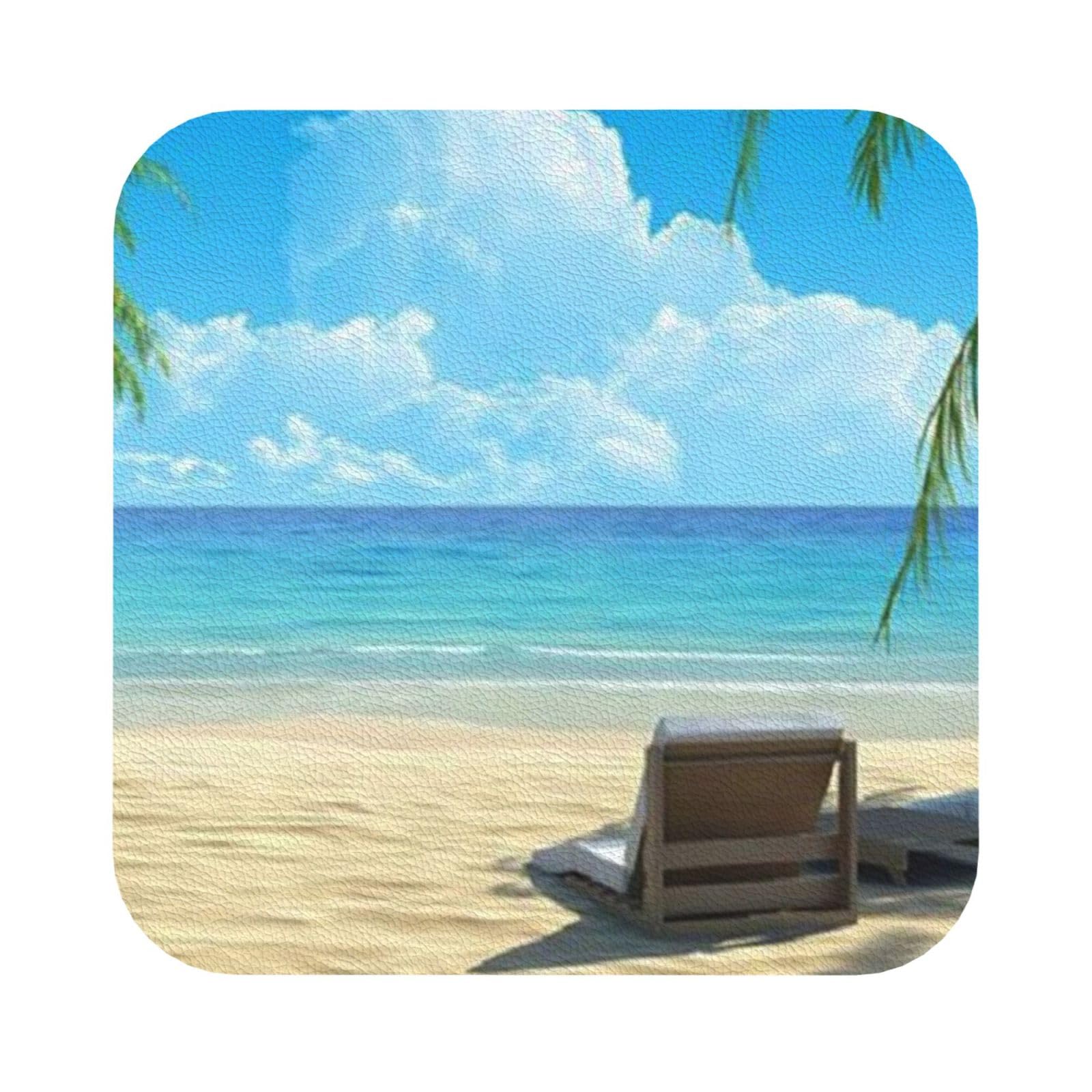 Hawaiian Beach with Palm Trees PU Leather Coasters Set of 6 Square Drink Coasters