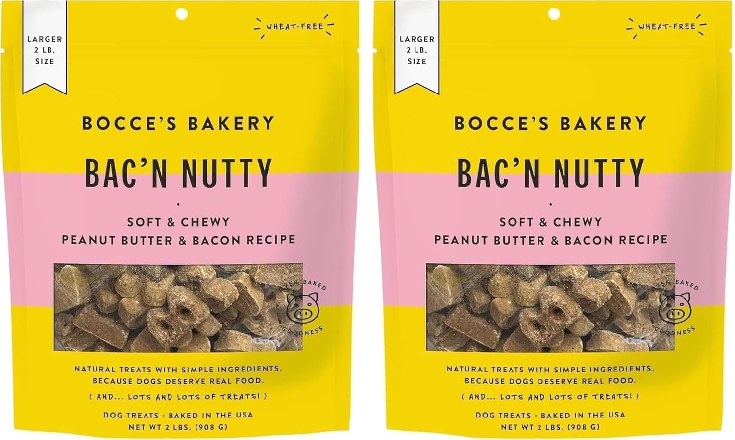 (2 Bags) Bocces Bakery Bac'n Nutty Dog Treats - Peanut Butter & Bacon 2 lb