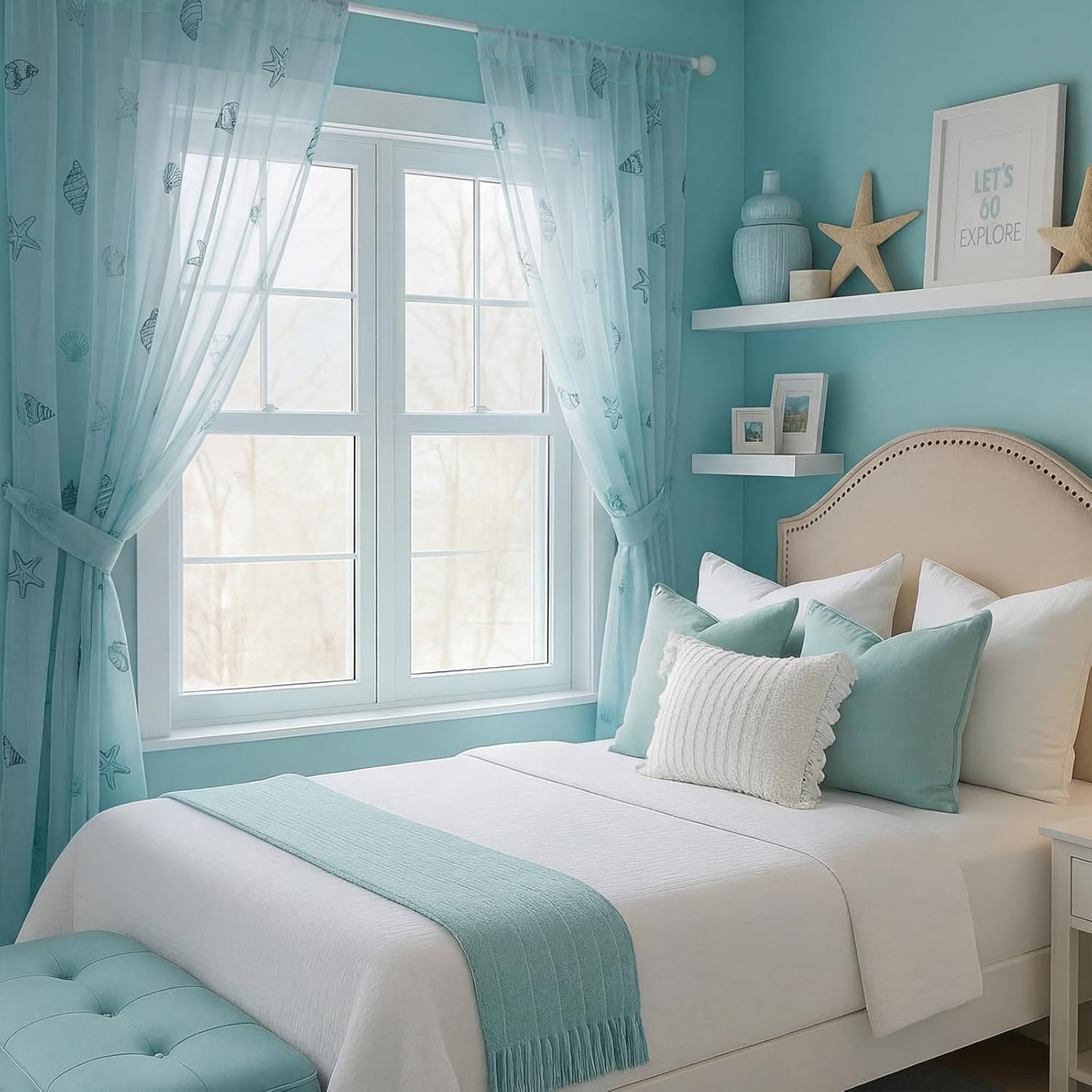 Tegeme 2 Panels Coastal Beach Sheer Curtains 84 Inches Long Embroidered Blue Voile Curtains Decorative Ocean Nautical Sheer Shades Faux Linen Semi Window Decor for Home Party Office