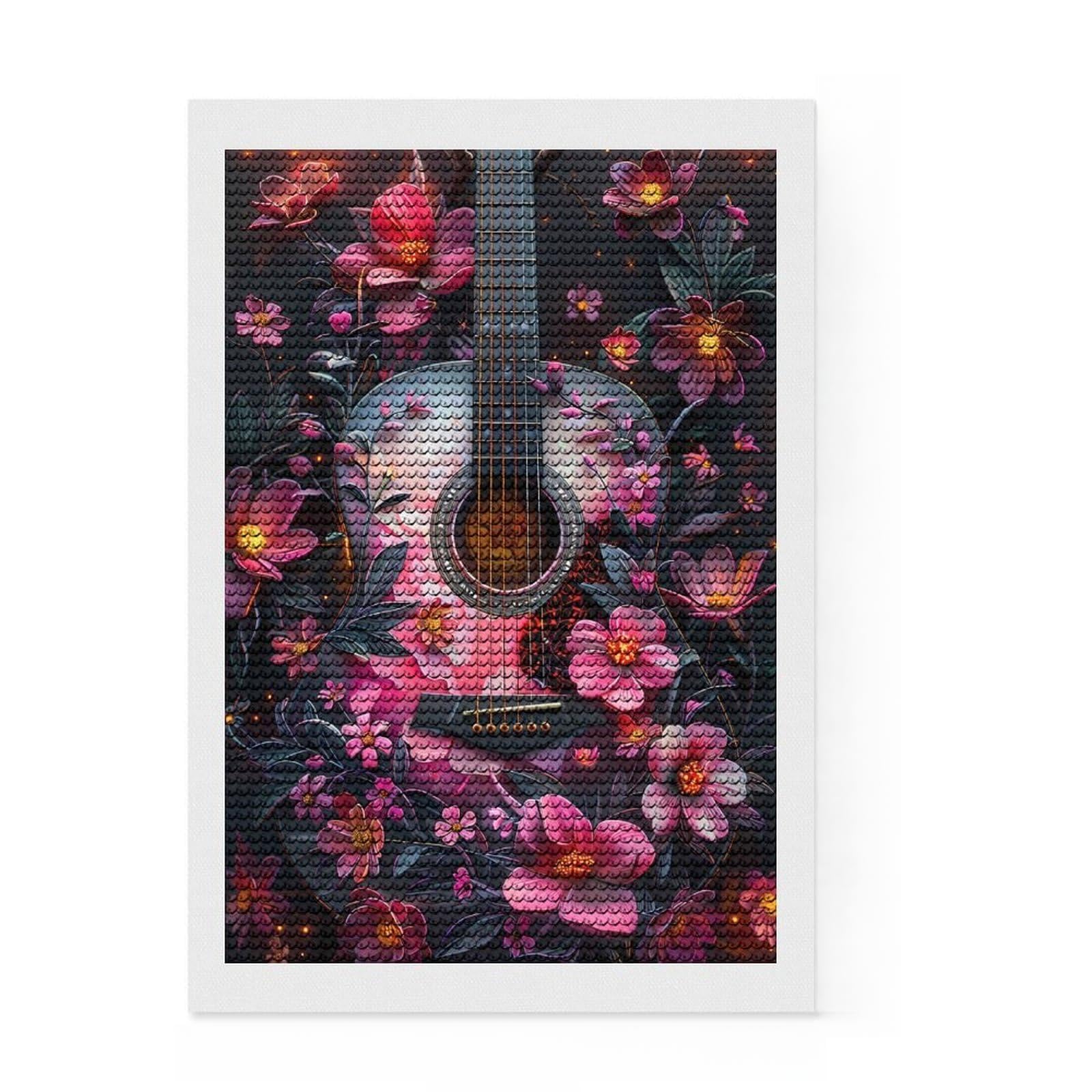 Junmoney Floral Acoustic Guitar Diamond Painting Set 8"x12", Relaxing DIY Hobby, Pleasing Wall Art Project, Farmhouse Decor, Birthday Gift