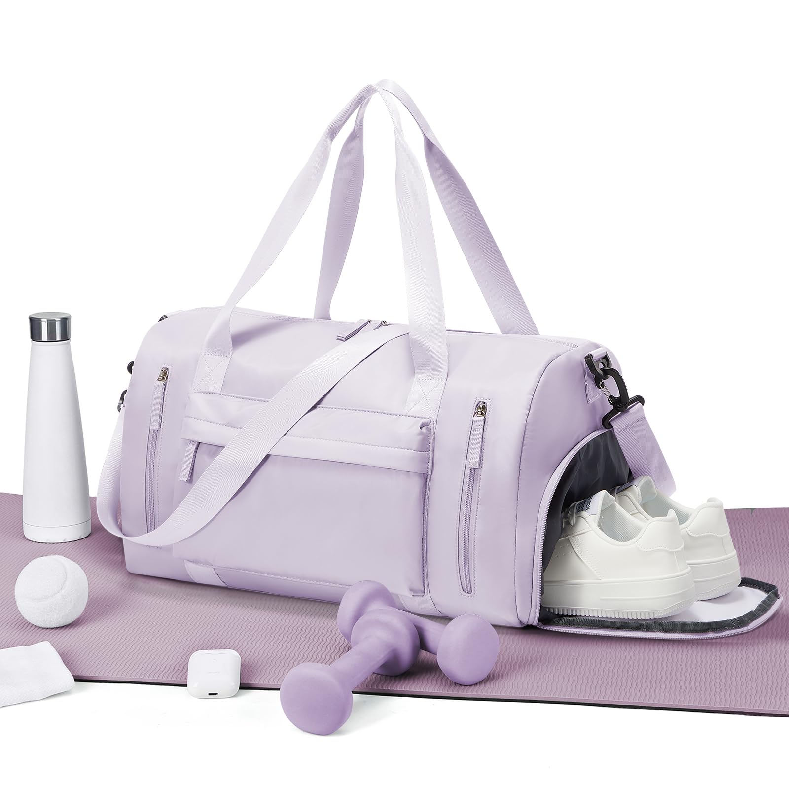 Womens Mens Sports Gym Bag Travel Bag with Shoes Compartment, Duffle Bag Weekend Overnight Bag for Women, Water Resistant Holdall Hospital Bag for Swimming Light Purple