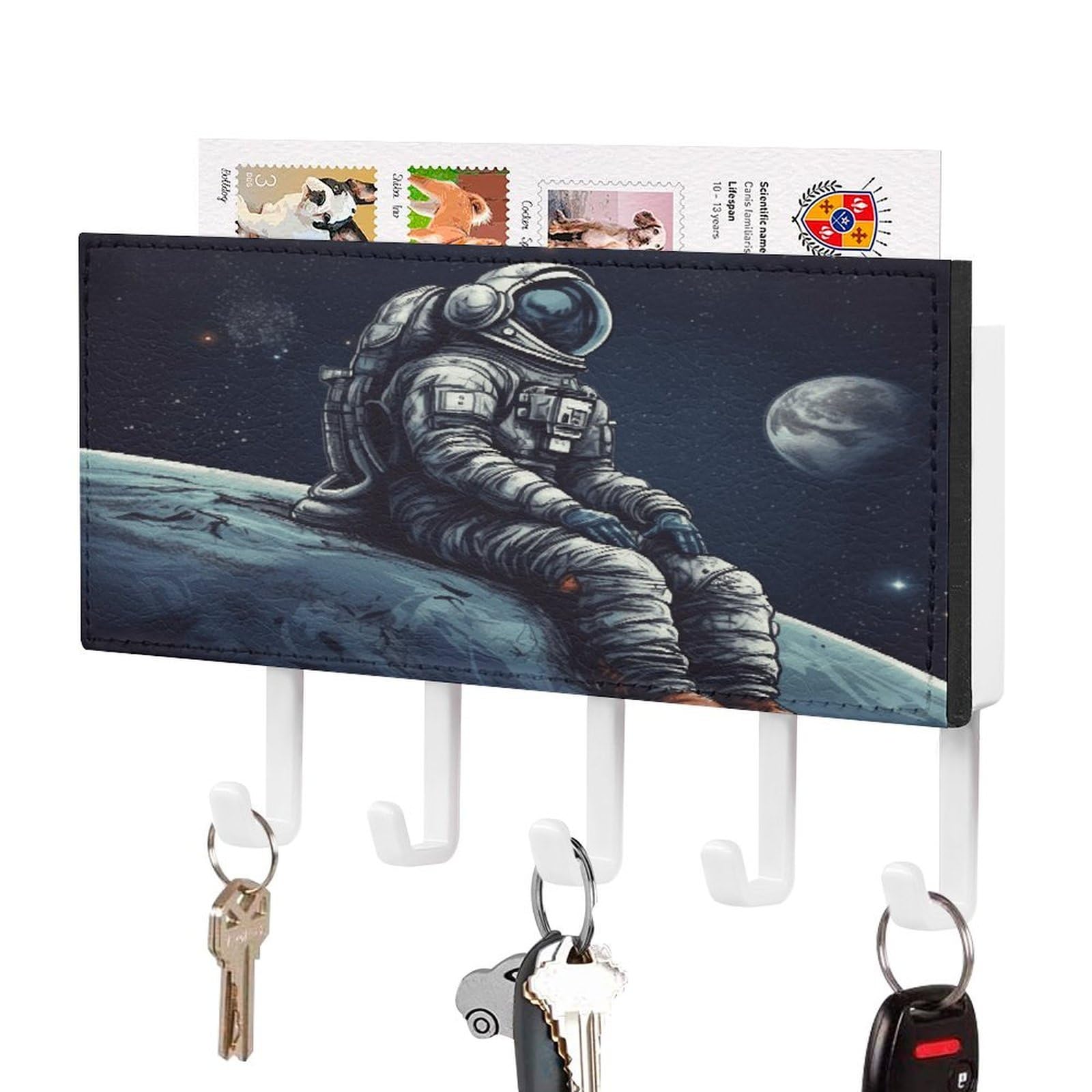 Cuelgallaves de pared de astronauta con bandeja de cuero y 5 ganchos