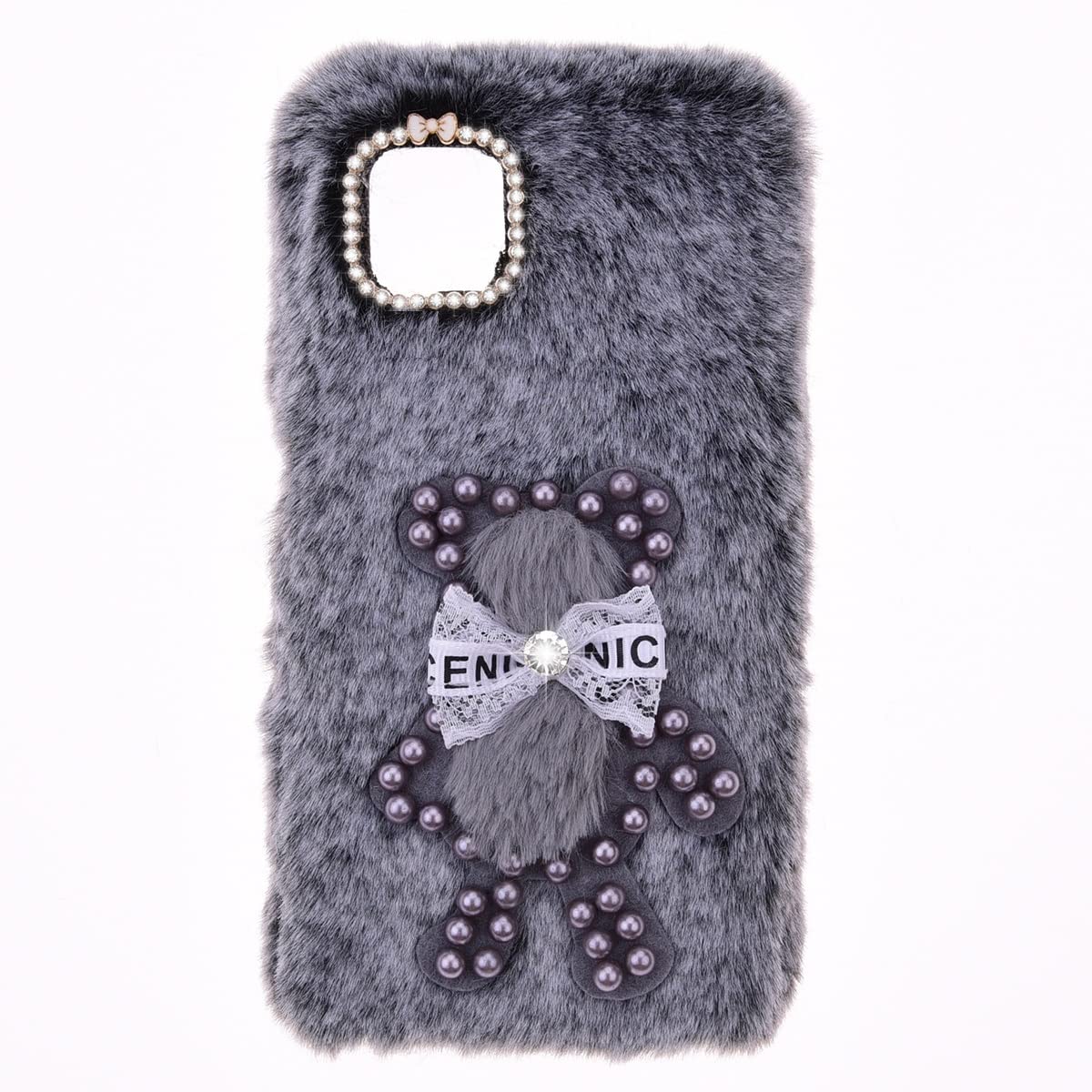 Snclet Grey Bear Fluffy Fur Plush Case For Iphone 13 Case Girly Bear Faux Fur Case Shockproof Back Bumper Silicon Soft Fluffy Furry Chic Bling Diamond Bowknot Case For Iphone 13,