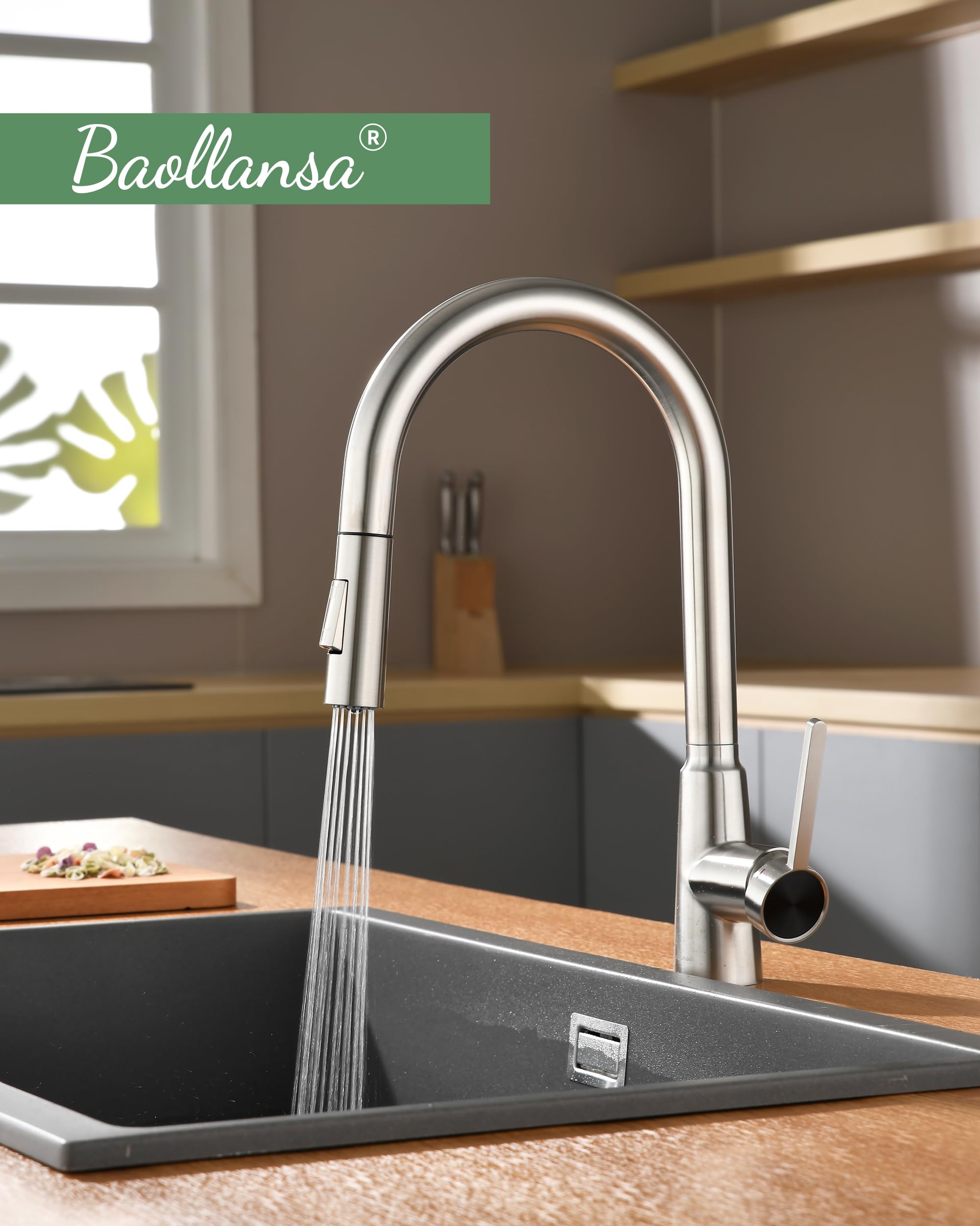 Grifo de Cocina con Ducha Extraíble, Mezclador para Fregadero de Alta Presión, Acero Inoxidable, Giratorio 360°, 2 Modos de Chorro, Grifo de Cocina Moderno