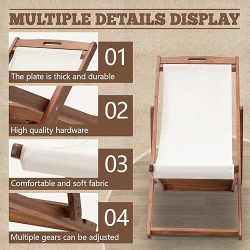 Miniatura 8 de Juego de 2 sillas de madera para patio al aire libre, silla de playa reclinable portátil, marco de madera maciza con lona de poliéster blanca, 3