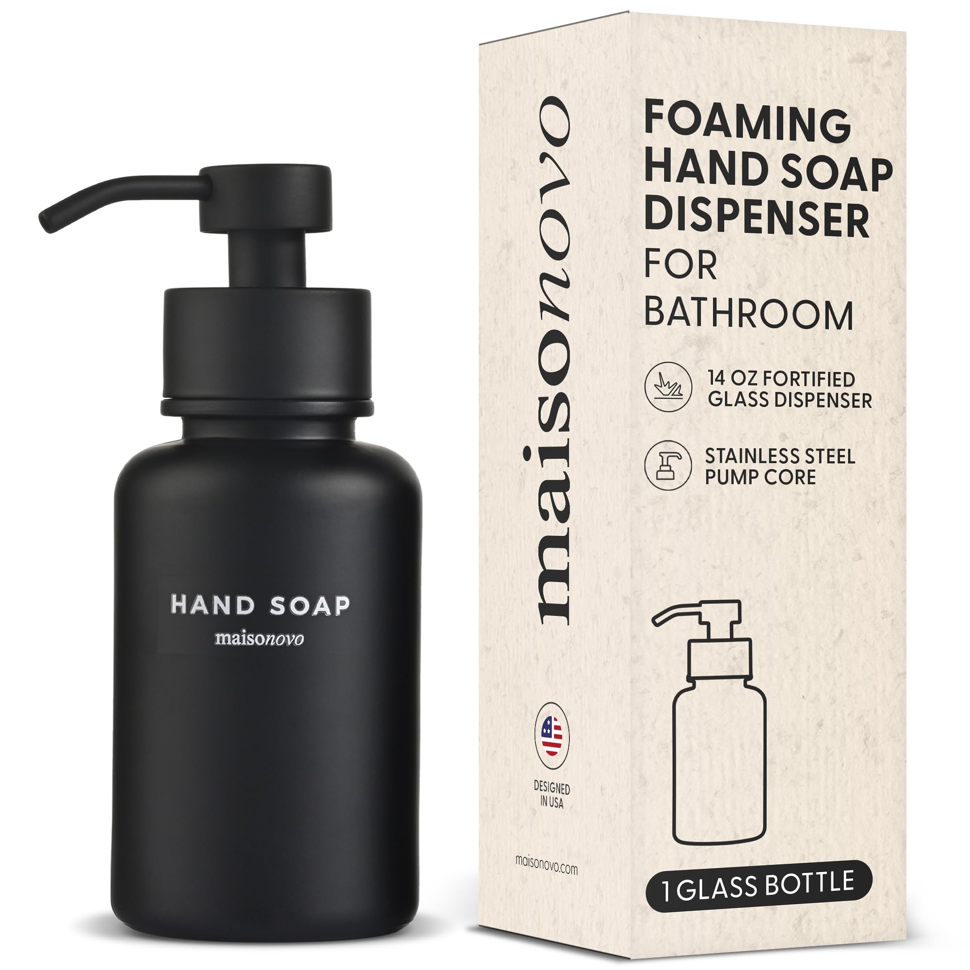 MaisoNovo Glass Foaming Hand Soap Dispenser 14 Oz | Black Foaming Soap Dispenser Black Pump x 1 w/Labels