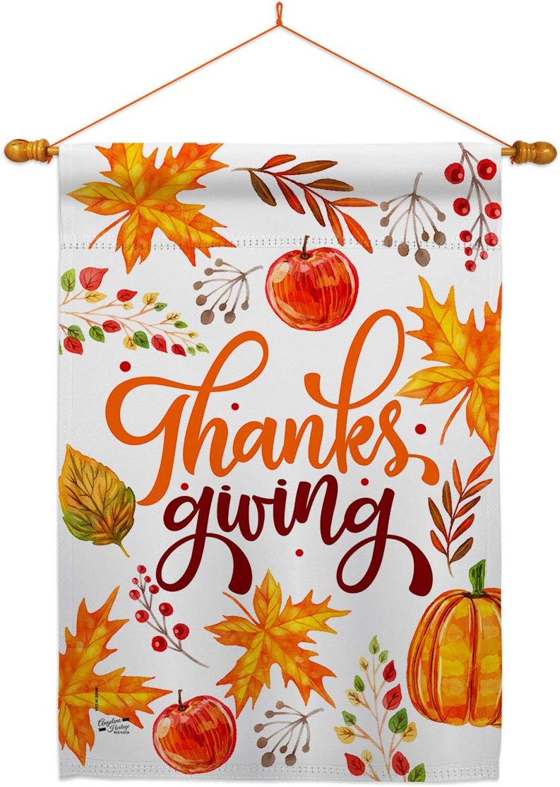 Thanksgiving Leaves House Flag Falltime Turkey Give Thanks Gobble Pumpkin Season Autumntime Cornucopia Small Decorative Gift Yard Banner Made In USA 28 X 40