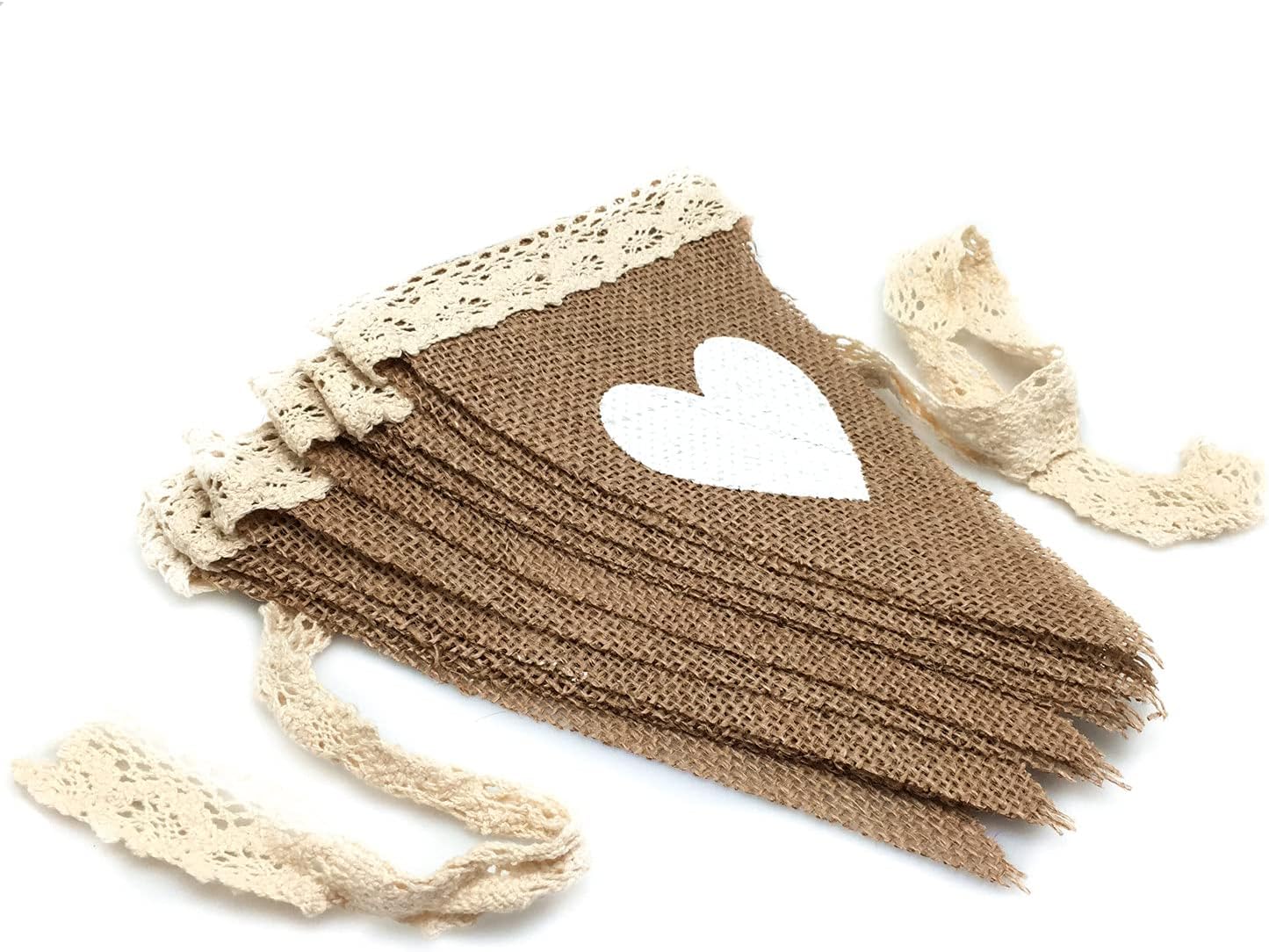 FQTANJU 12Pcs Vintage Heart Jute Burlap Bunting Banner Hessian Flag for Wedding Party Decoration White Lace 2.5m - Image 2