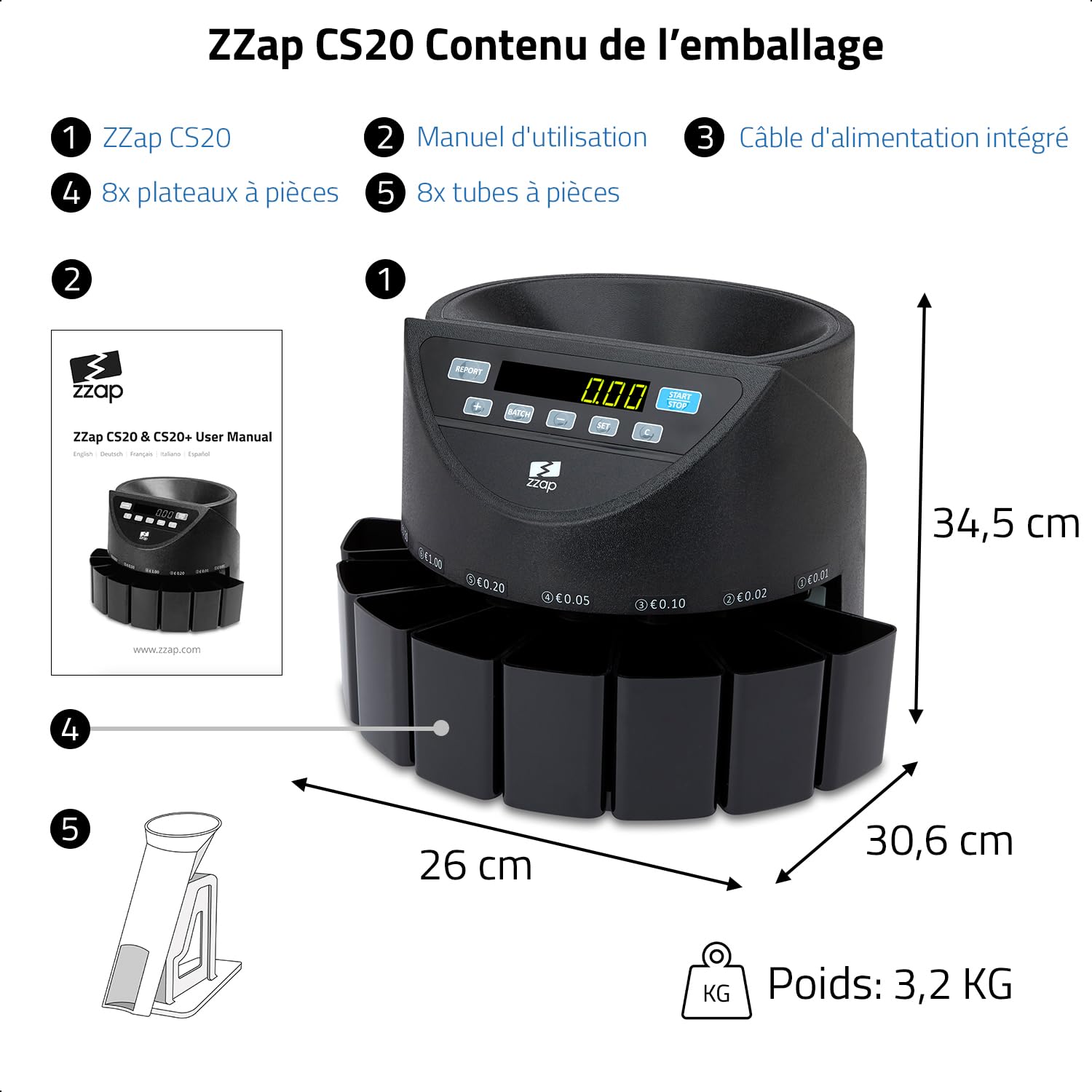 ZZap CS20 - Compteuse et Trieuse Automatique de Pièces EURO Machine de Comptage de Monnaie. Compteuse de Pièces avec Tubes de Tri