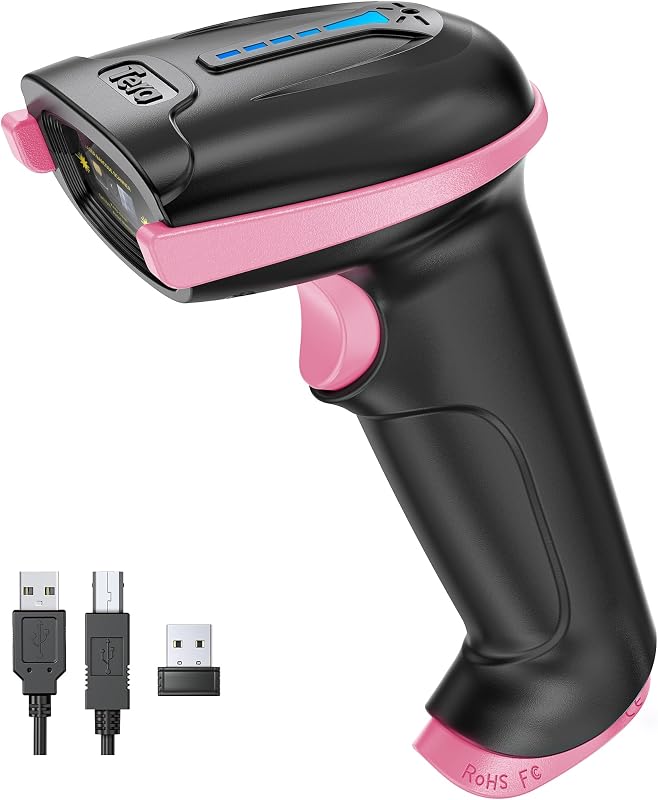 Escáner de código de barras Tera con indicador de batería: 1D inalámbrico, 5100 rosa | Lector inalámbrico con cable USB 2,4G, batería de 2200mAh, escaneo láser 1D, protección IP54, caja minorista, almacén, biblioteca, escuela