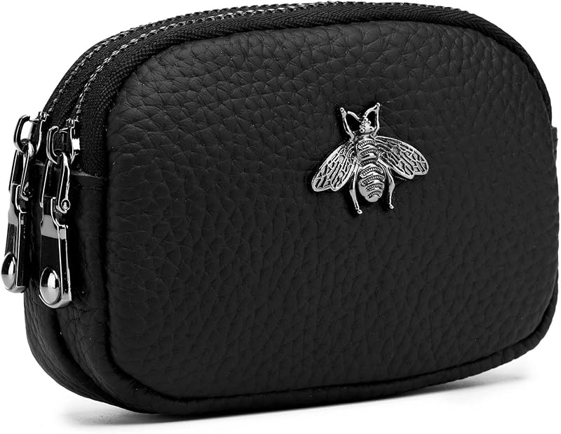 Women Leather Coin Purse, Small Womens Wallet, Zippered Change Pouch(Black)