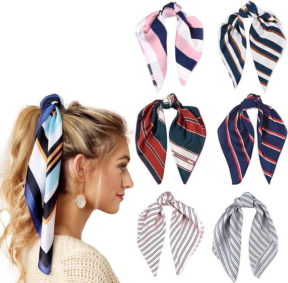 6 Pcs Hair Scarf Silk Hair Scrunchies Hair Bands Elastic Ties Print Bandana Ponytail Holder Vintage Accessories for Women Girls
