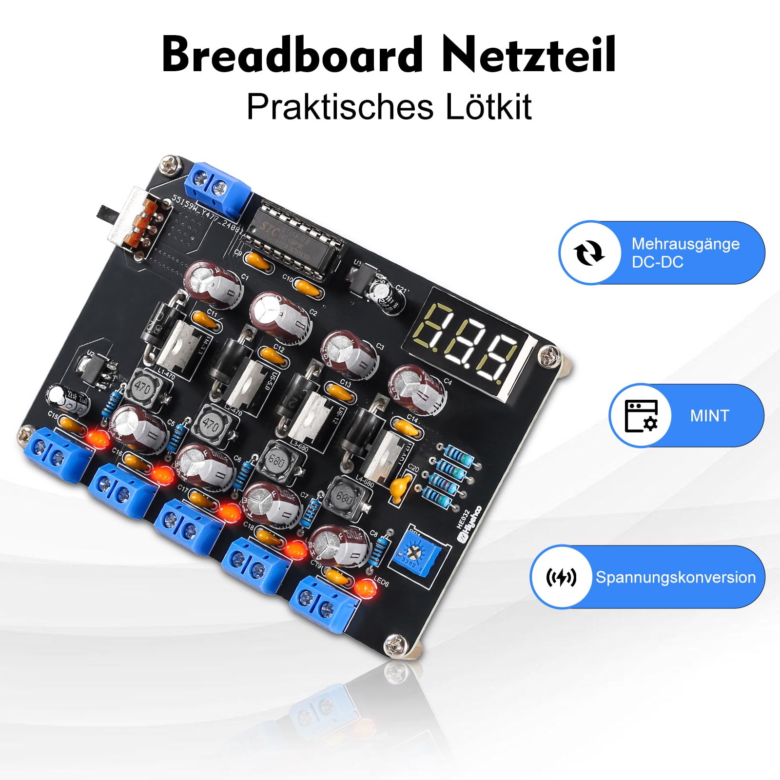 PEMENOL DIY Steckbrett Netzteil Löt Bausatz Elektronik Kit 1,5V/3,3V/5V/12V/einstellbares Spannungsausgangsmodul Löten Lernen Labortests, Schulprojekte, technische Anwendungen