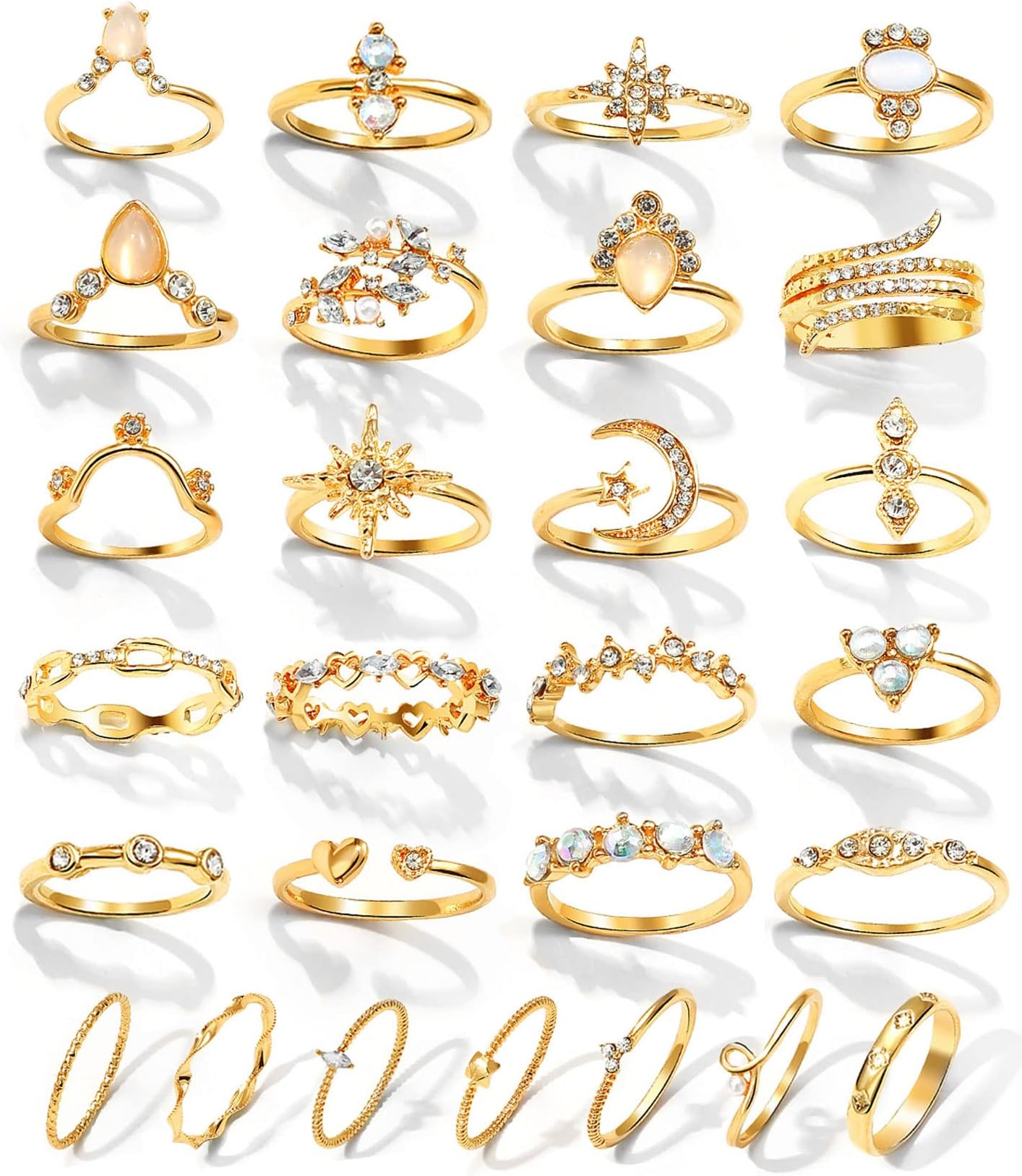 17IF Gold Boho Sparkle Knuckle Rings Set For Women, Vintage Fashion Aesthetic Trendy Joint Snake Ring Pack, Retro Pink Rhinestone Assorted Moon Star Crystal Love Leaf Diamond Pearl Jewelry