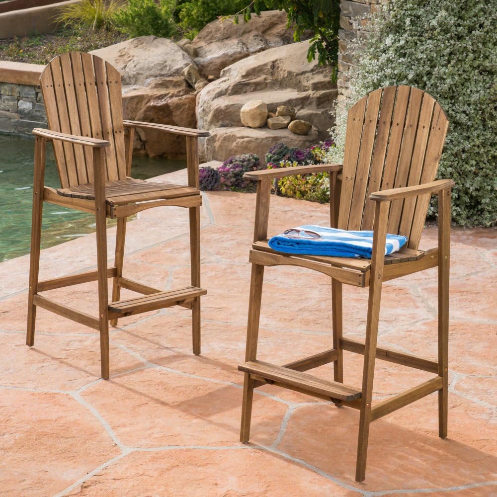Acacia Wood Adirondack Barstools for Outdoor Use, Natural Stain Finish with Contoured Seat and Back Support