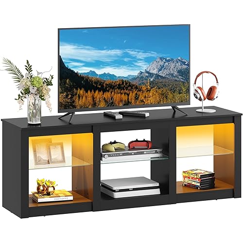 WLIVE LED TV Stand for 65 Inch TV, Modern Entertainment Center with Adjustable Glass Shelves & Customizable LED Lights, Sturdy Media Console for Living Room, Bedroom,Gaming (Black)