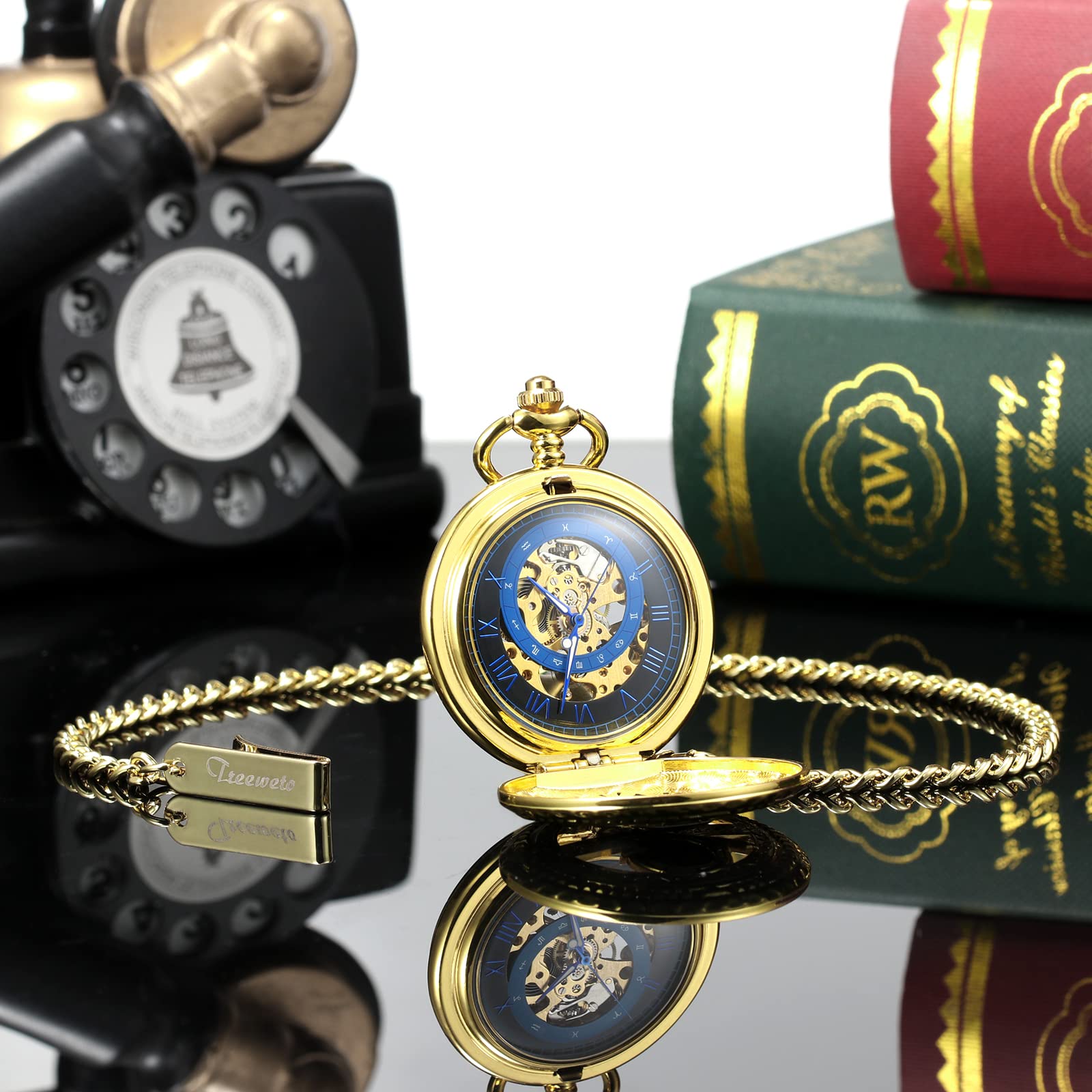 TREEWETO Orologio da tasca meccanico da uomo, sole e luna, scheletro, numeri romani, orologi da tasca con catena da uomo