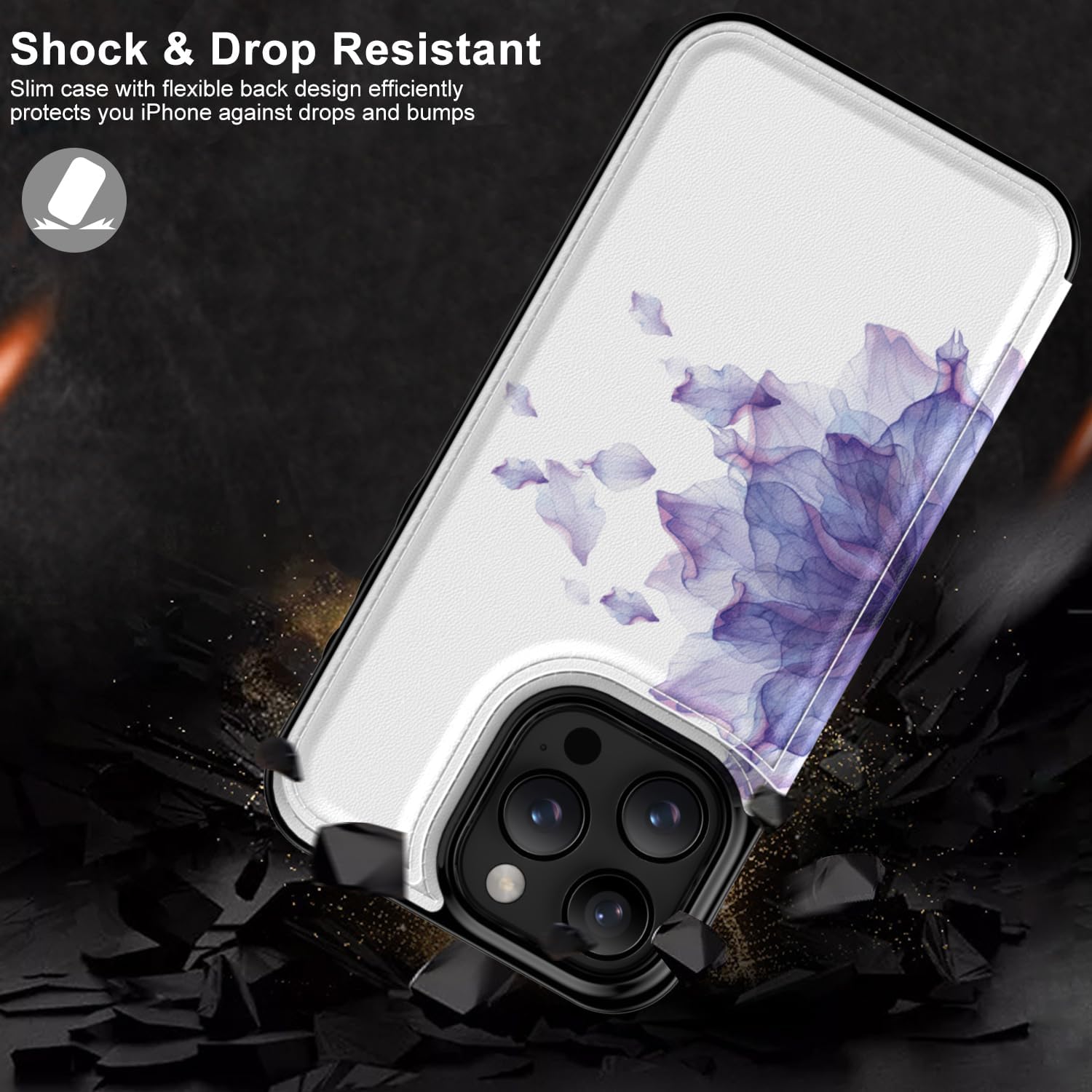 LETO for iPhone 16 Pro Wallet Case - Flip Folio Leather Kickstand - Fashionable Flower Designs - Credit Card Holder - Protective Phone Cover for Women and Girls - 6.3" - Blooming Purple Flower - Image 4