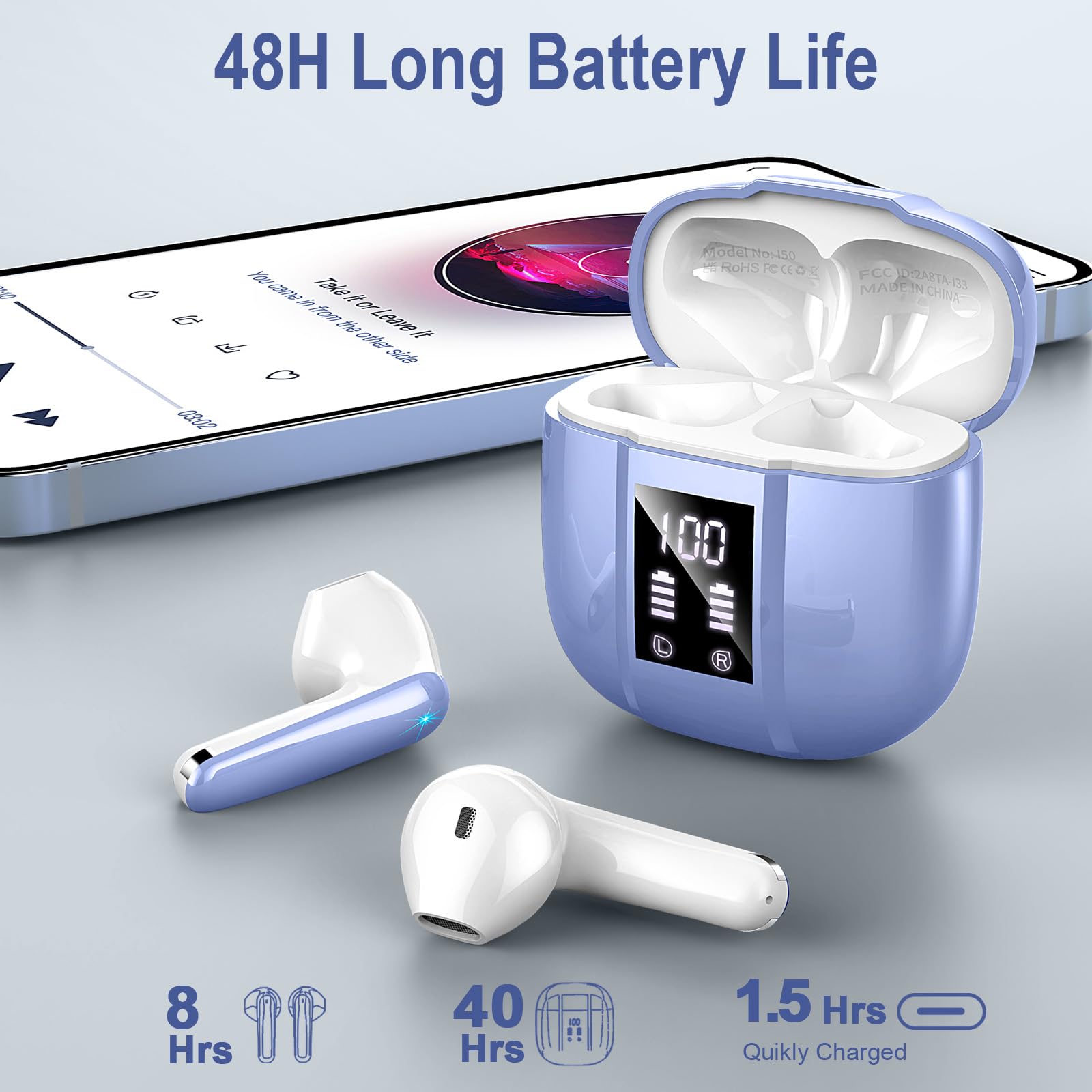 Donerton Cuffie Bluetooth, Auricolari Bluetooth Stereo HiFi con HD Mic, Cuffie Wireless 48 Ore LED Display, in Ear Cuffiette Bluetooth