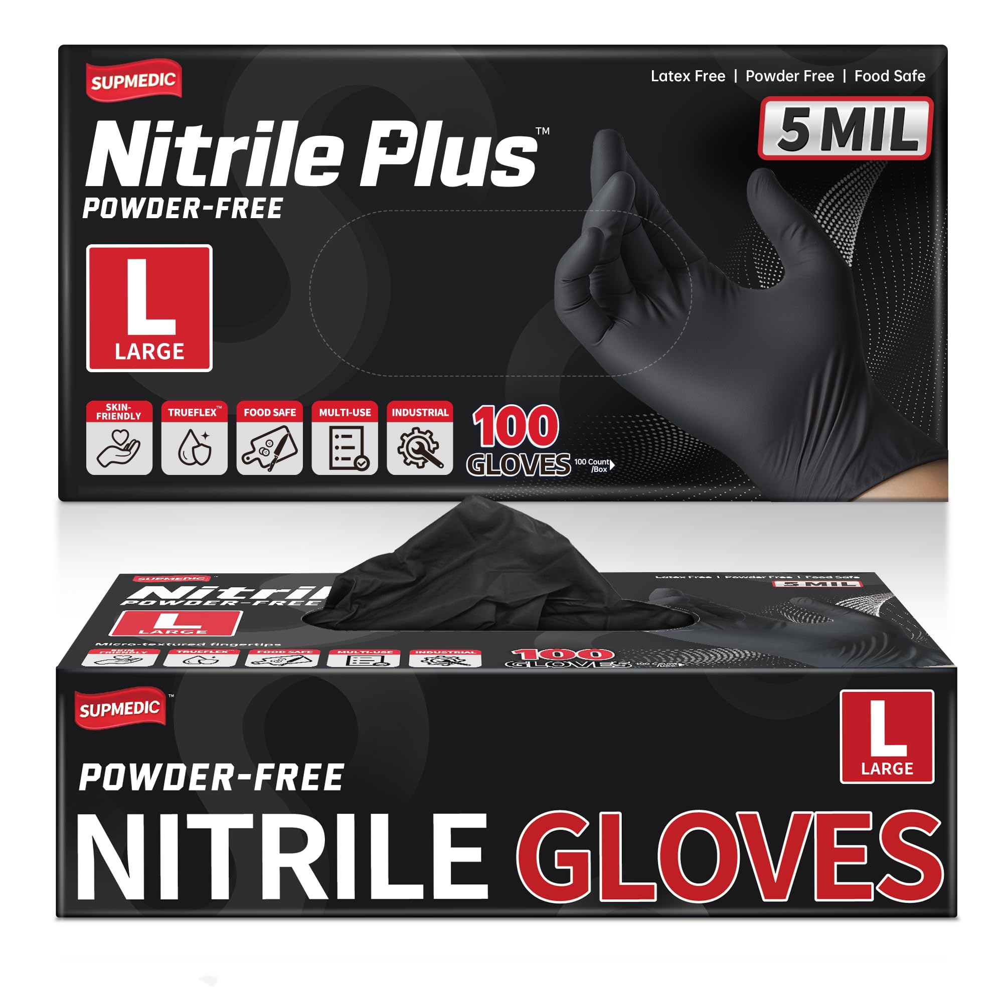 Supmedic Guantes desechables de nitrilo negro, 5 mil sin polvo, sin látex, caja de 100 (negro) (grande)
