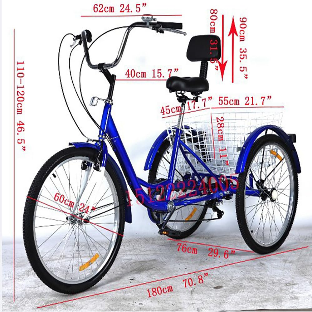 Rower Typu Cruiser 24", Trzykołowy Rower Dla Dorosłych, Z Koszykiem, Rama Ze Stali Wysokowęglowej, Nośność 120 Kg, Odpowiedni Dla Osób Starszych I Otyłych