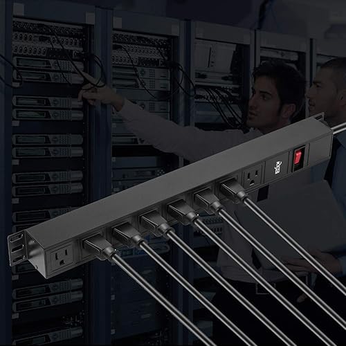 Miniatura 6 de KMC Protector contra sobretensiones de tira de alimentación de metal de 8 tomas, PDU de montaje en rack, soportes de montaje de metal, cable de