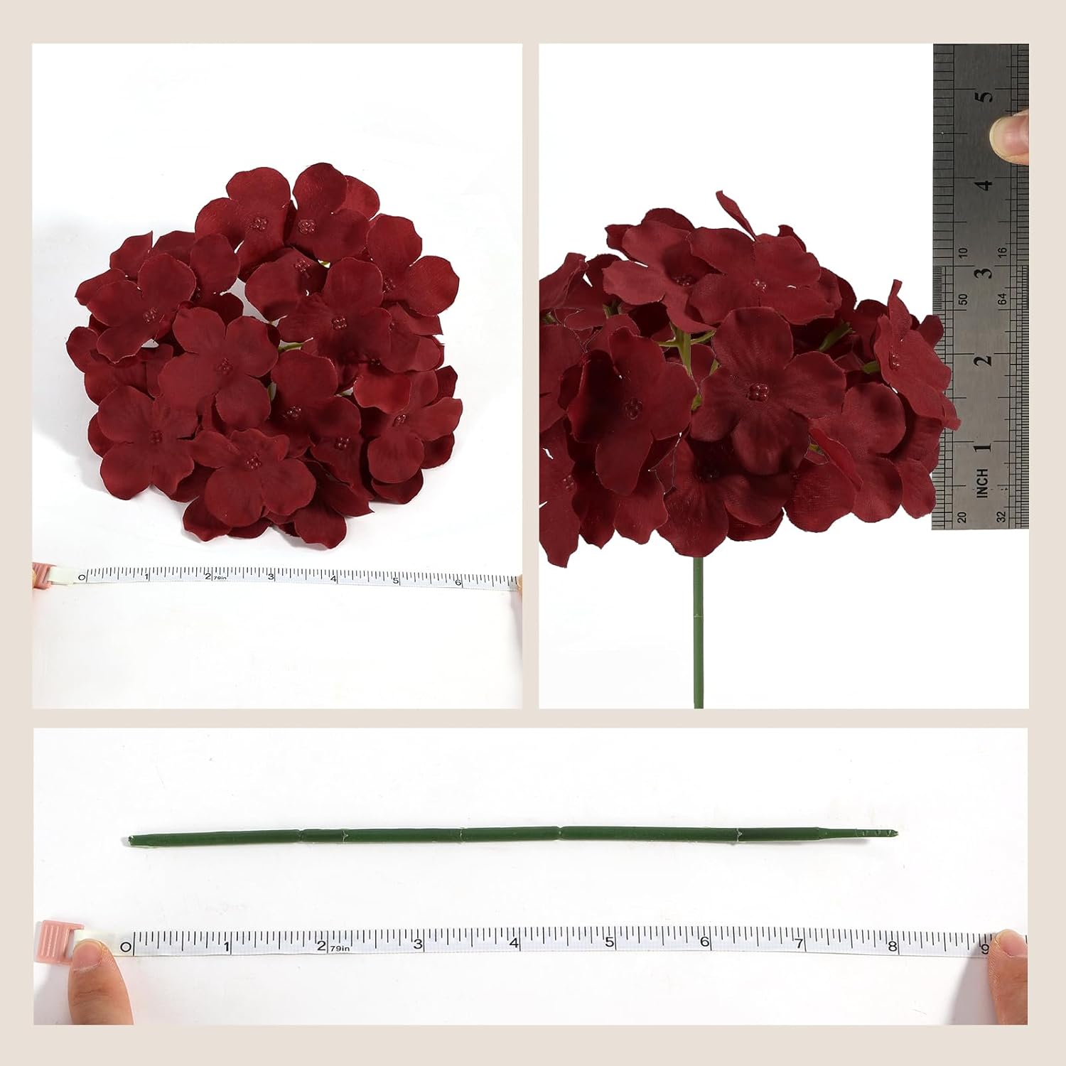 Auihiay 104 PCS Burgundy Hydrangea Artificial Flowers, Silk Hydrangea Heads with Stems, Fake Flowers for DIY Wedding Centerpiece, Baby Shower, Home Party Garden Decoration (Burgundy) - Image 8