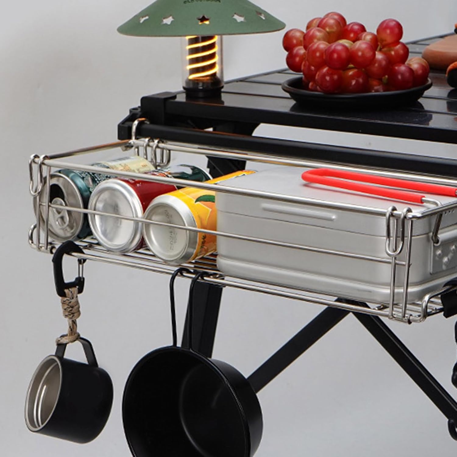 Folded Table Side Storage Basket Stainless Steel Table Extension Basket for BBQ Accessories and Cookware Light Weight Outdoor Rack