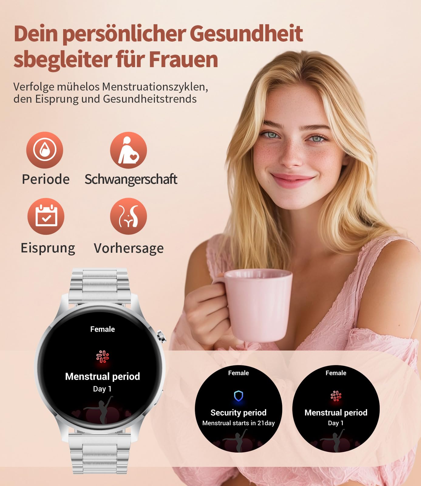 Smartwatch Damen mit Telefonfunktion, 1.32" AMOLED Fitnessuhr Smart Watch, 100+ Sportmodi Herzfrequenz Schlafmonitor Schrittzähler Uhr Damen, IP68 Wasserdicht Sportuhr für iOS Android (Silber)