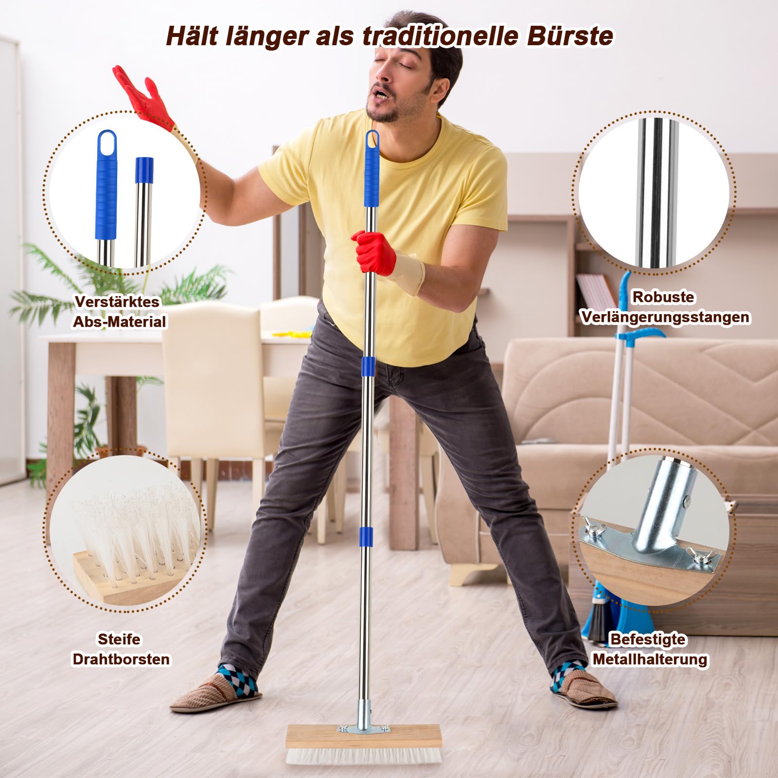 Draadbezem met steel, stalen bezem 30 cm, draadborstel voor het verwijderen van mos, staaldraadbezem, straatbezem van roestvrij staal, draadborstel voor terras, dek, tuin, douche, muur, garage