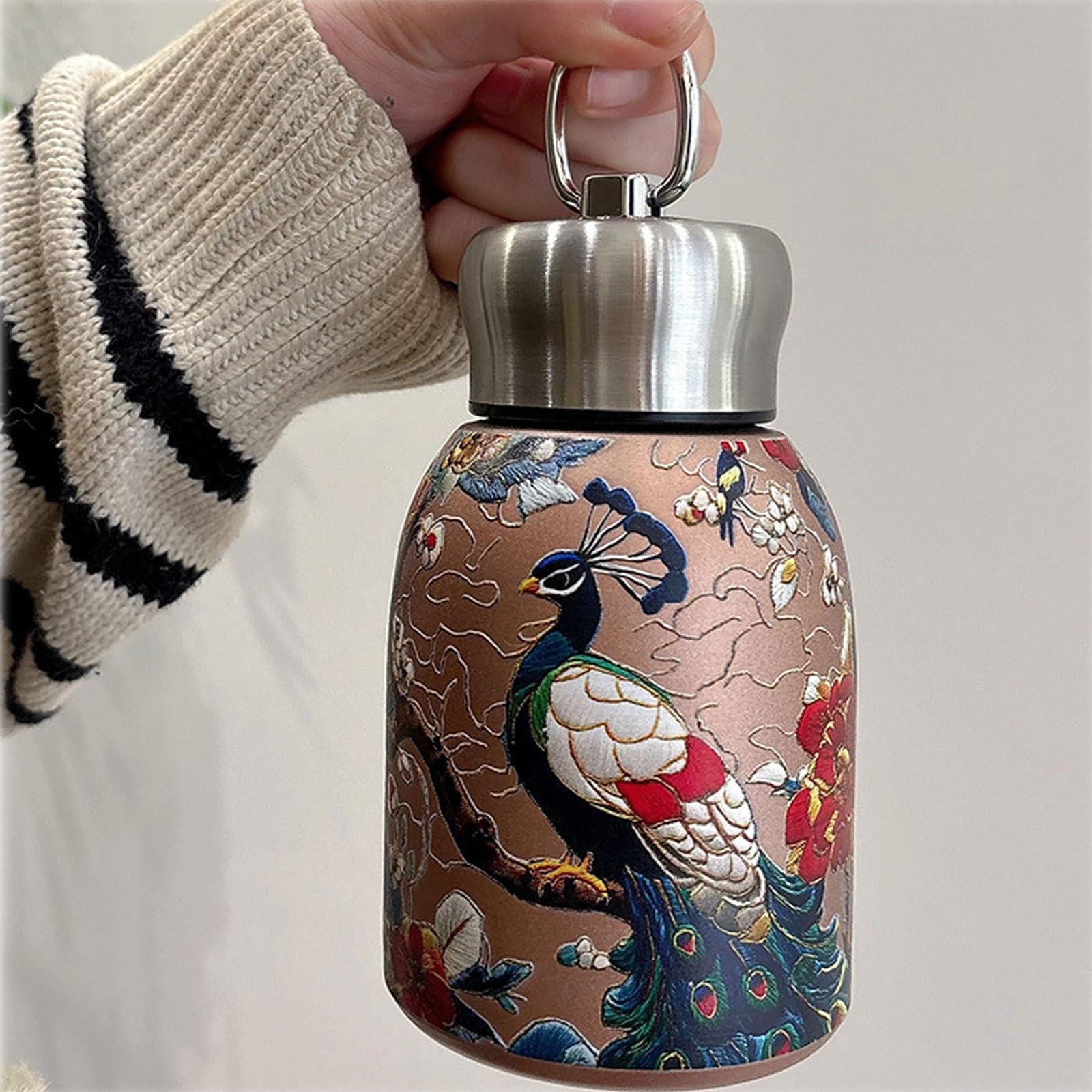 Mini botella térmica de acero inoxidable, pequeña botella de agua aislada al vacío, portátil, a prueba de fugas, vaso deportivo para bebidas calientes y frías, taza de viaje (pavo real)