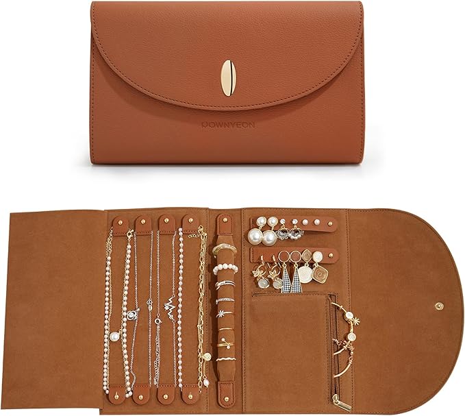 ROWNYEON Travel Jewelry Organizer Case Leather Jewelry Roll
