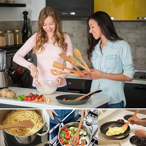 Miniatura 7 de Cucharas de madera para cocinar, juego de utensilios de madera resistentes al calor, ideal para cocina, utensilios de cocina antiadherentes, uso