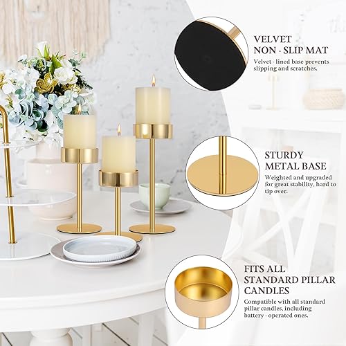 Miniatura 5 de Juego de 3 portavelas de pilar de metal dorado de 3.15 pulgadas de diámetro para pilar y velas sin llama. Decoración ideal para mesa, chimenea, sala