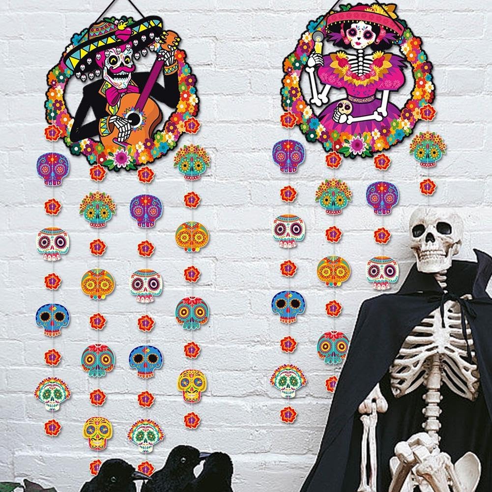 Giorno dei Morti Decorazioni 40,6 cm Dia De Los Muertos Appeso Sugar Skull Decors Festa messicana Halloween Giorno dei Morti Bomboniere Forniture Dia Muertos Esterno Interno Home Decor