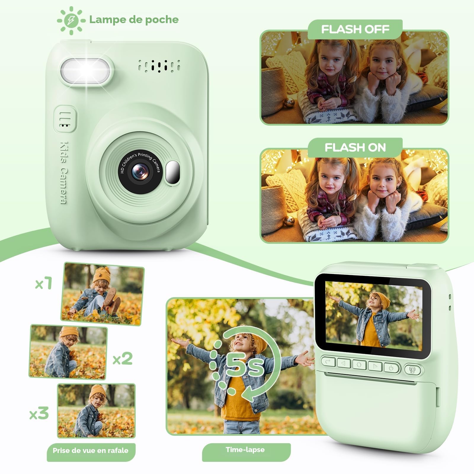 GREENKINDER Appareil Photo Instantané Enfant, 3.0" Grand Écran 14 MP Appareil Photo Enfant avec Carte de 32 Go & Papier d'impression, Appareil Photo Numérique Enfant Cadeau pour Enfants 3-12 Ans